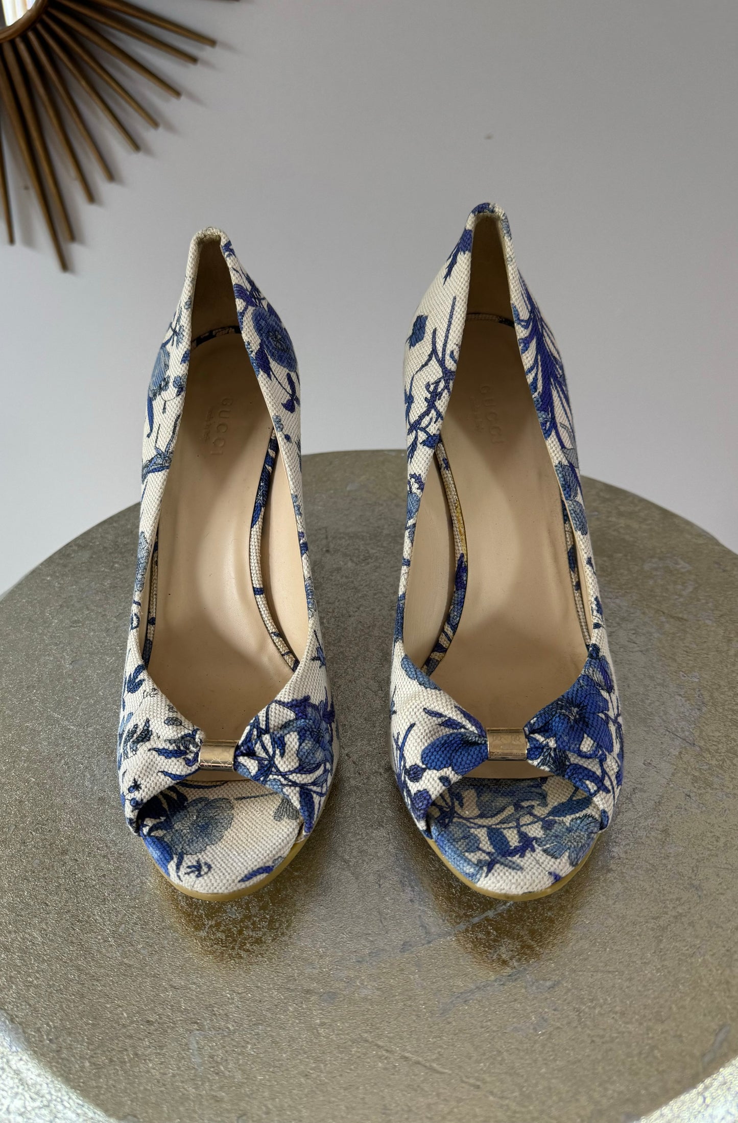 GUCCI- Blue Floral Canvas Wedge Sandal