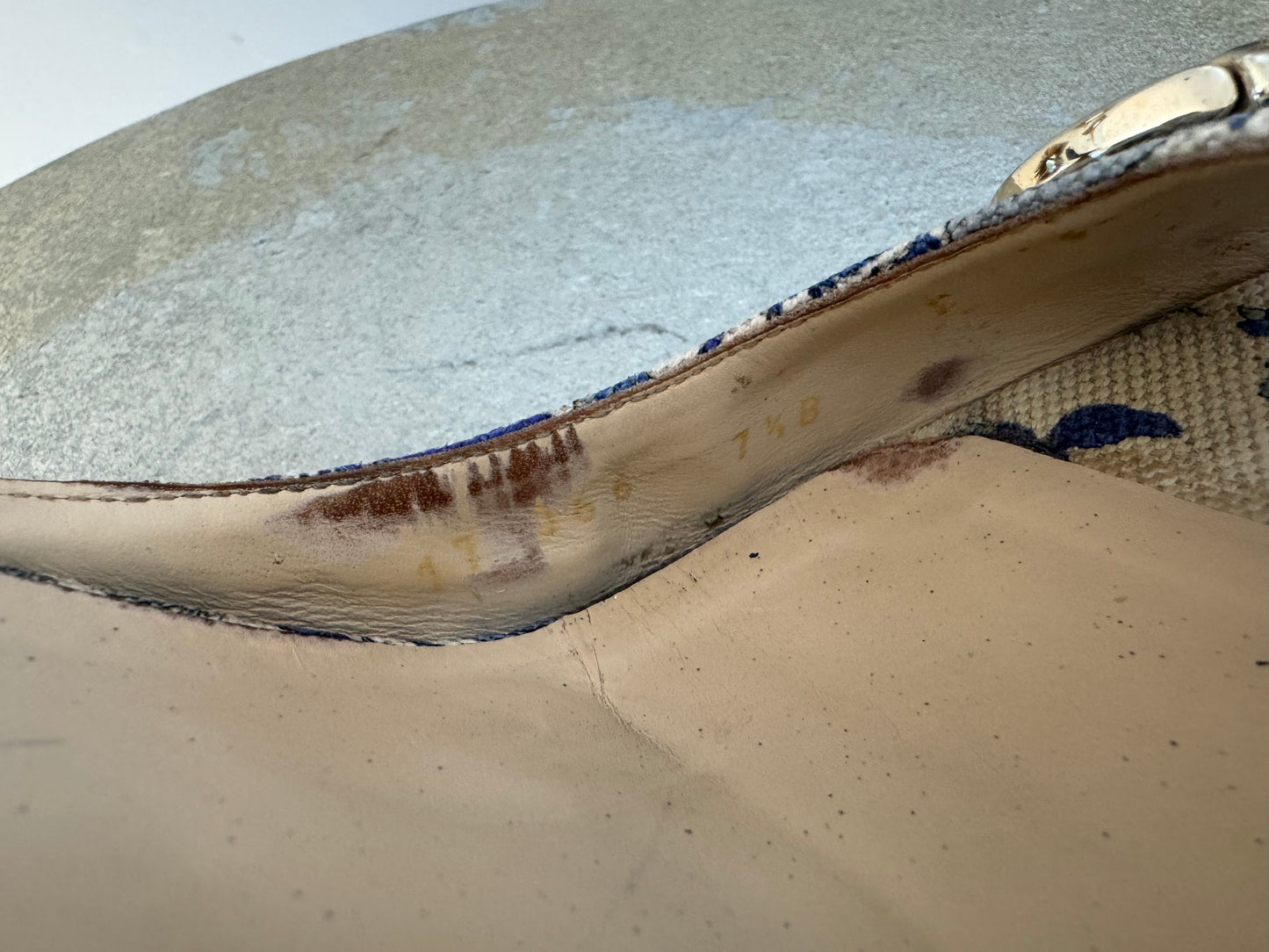 GUCCI -  Blue Floral Horsebit Raffia Wedge Sandals