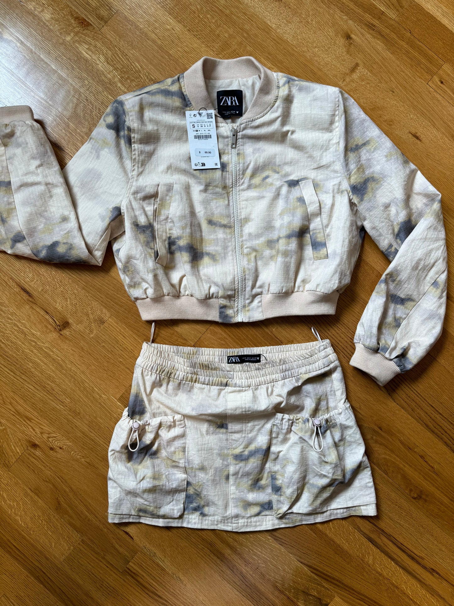 ZARA - Beige Printed Mini Cargo Skirt & Bomber Jacket Set