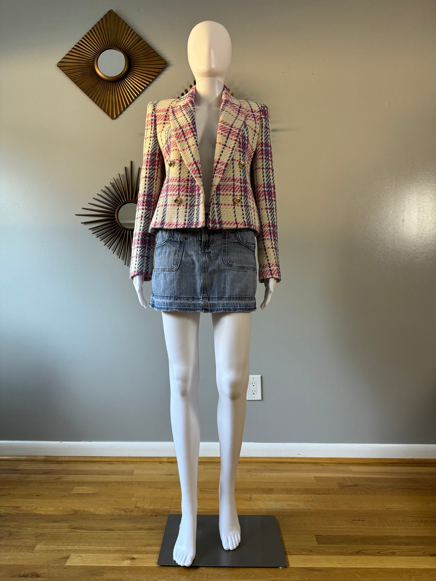 ZARA - BLUE & PINK PLAID TWEED DOUBLE BREASTED BLAZER
