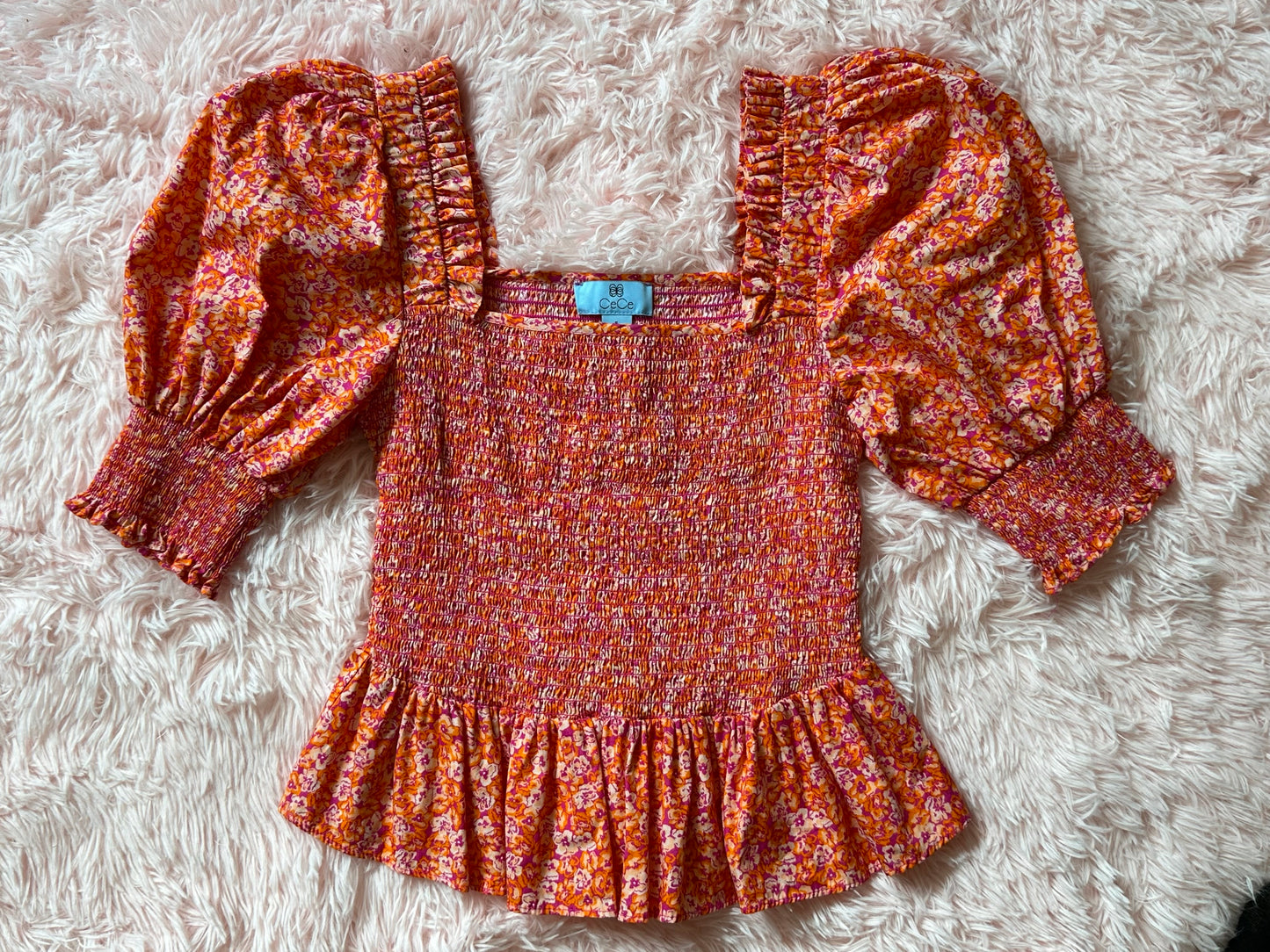 CeCe - Orange Top w/ Puff Sleeves