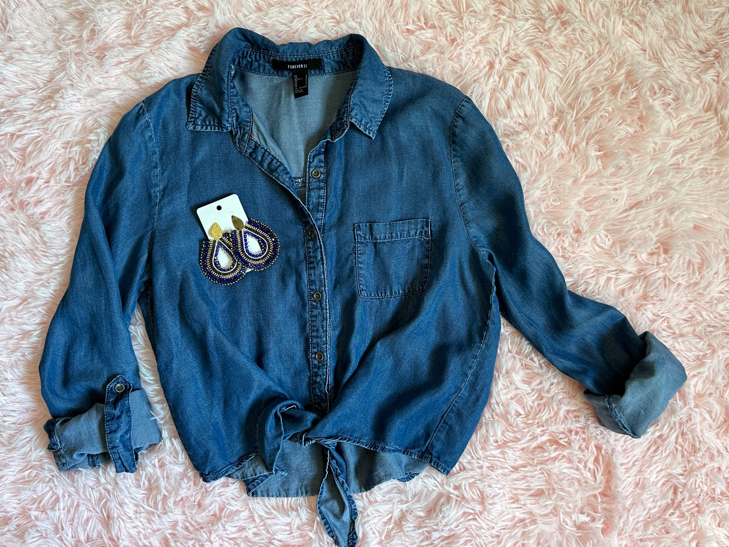 Forever 21 - Blue Denim Front Tie Crop Top