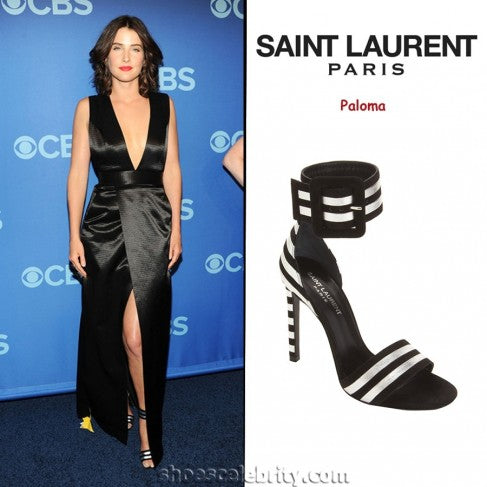 Saint Laurent - Sandalias Paloma de cuero negro y plateado con tira al tobillo a rayas