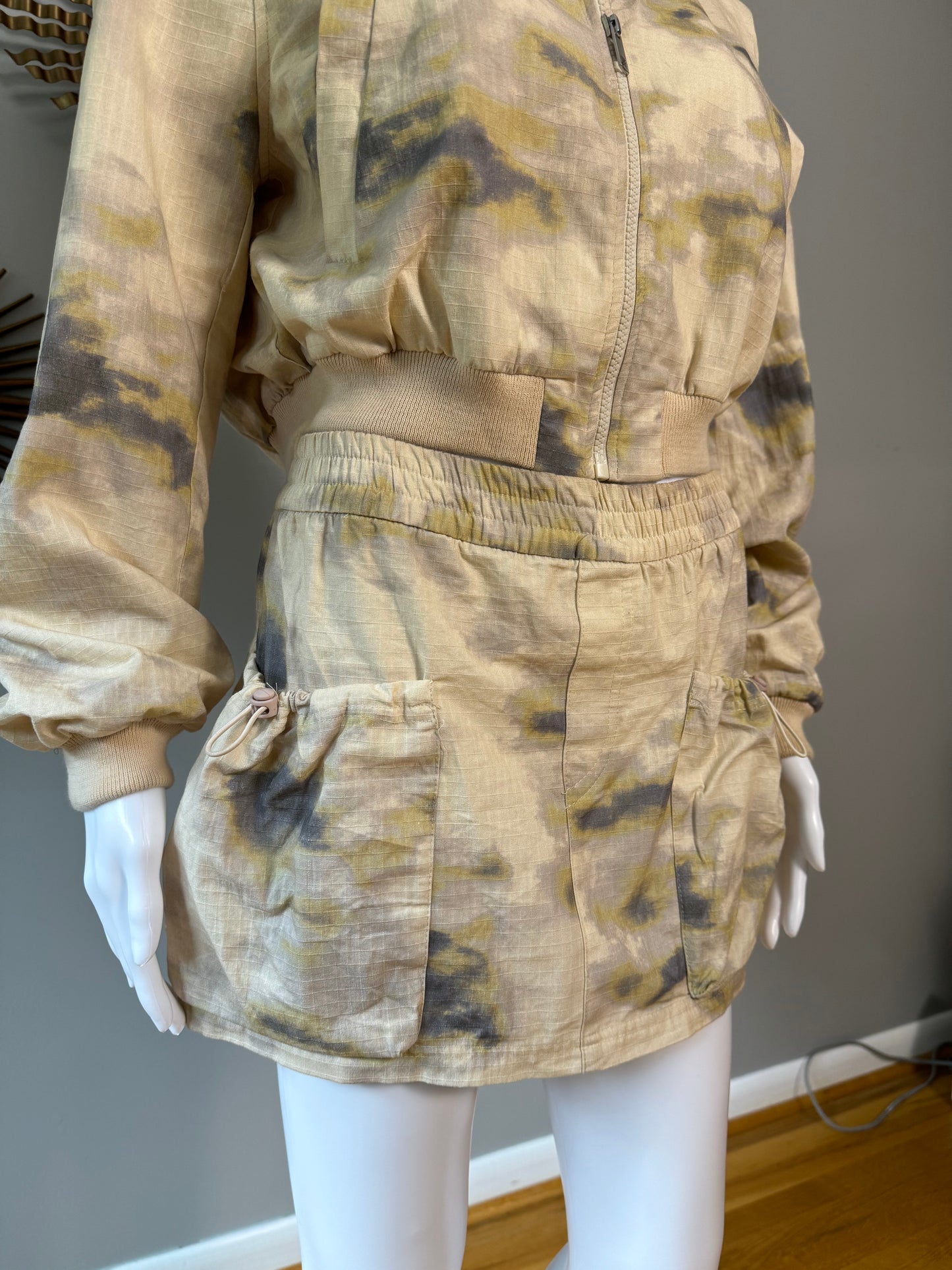 ZARA - Beige Printed Mini Cargo Skirt & Bomber Jacket Set