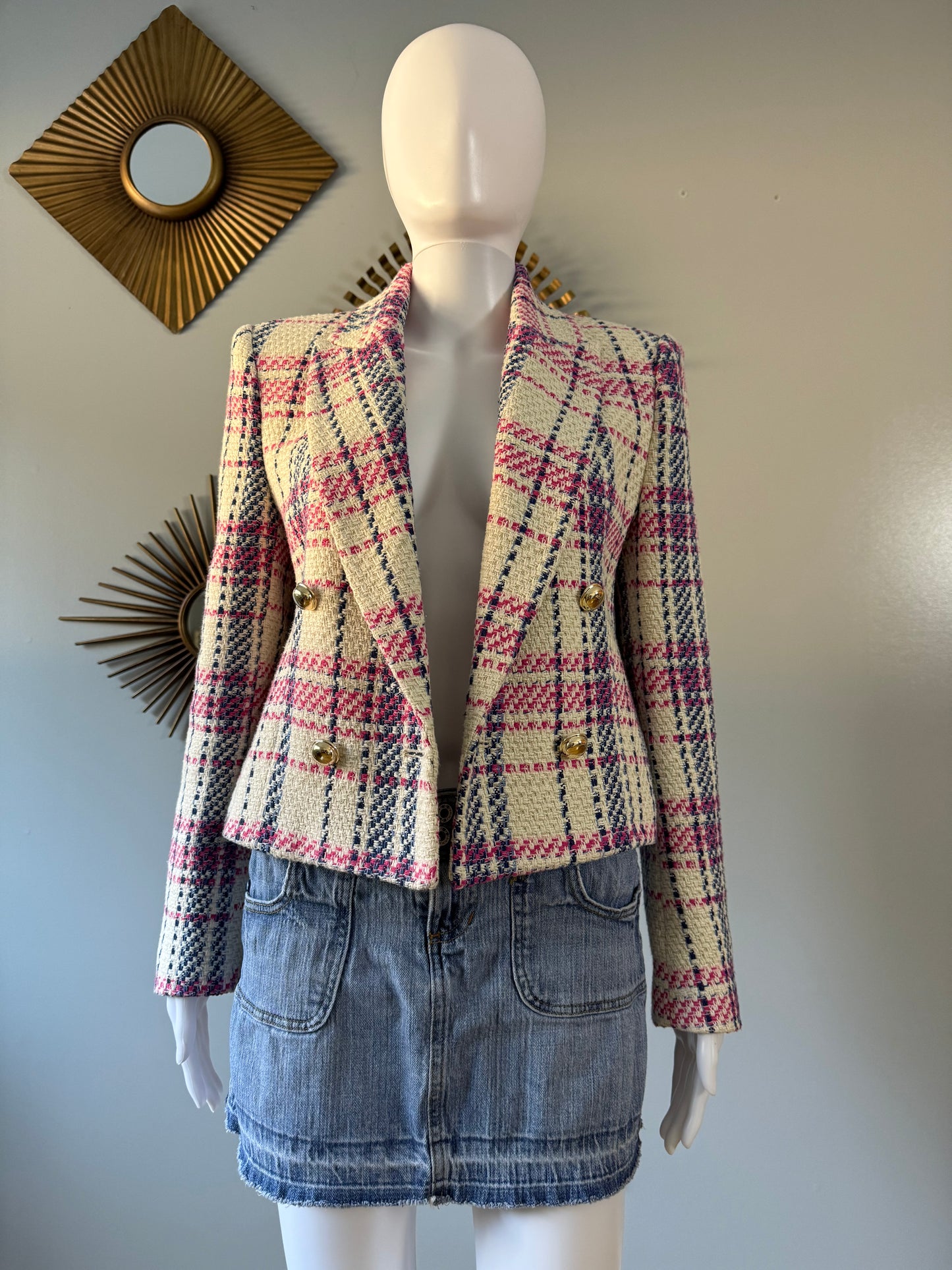 ZARA - BLUE & PINK PLAID TWEED DOUBLE BREASTED BLAZER