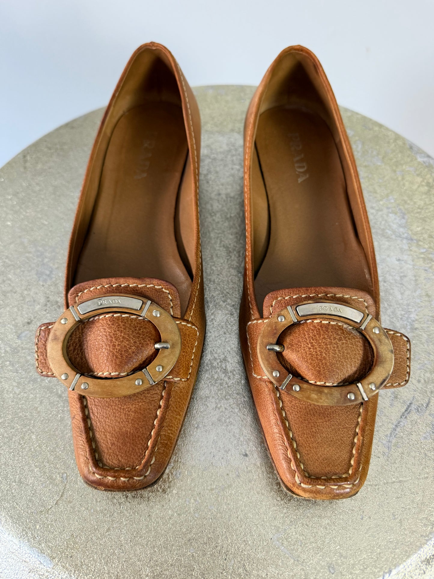Prada - Tan Leather Loafers w/ Wood Accent