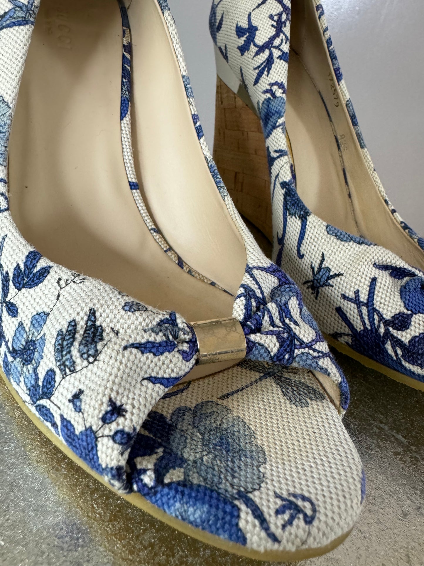 GUCCI- Blue Floral Canvas Wedge Sandal