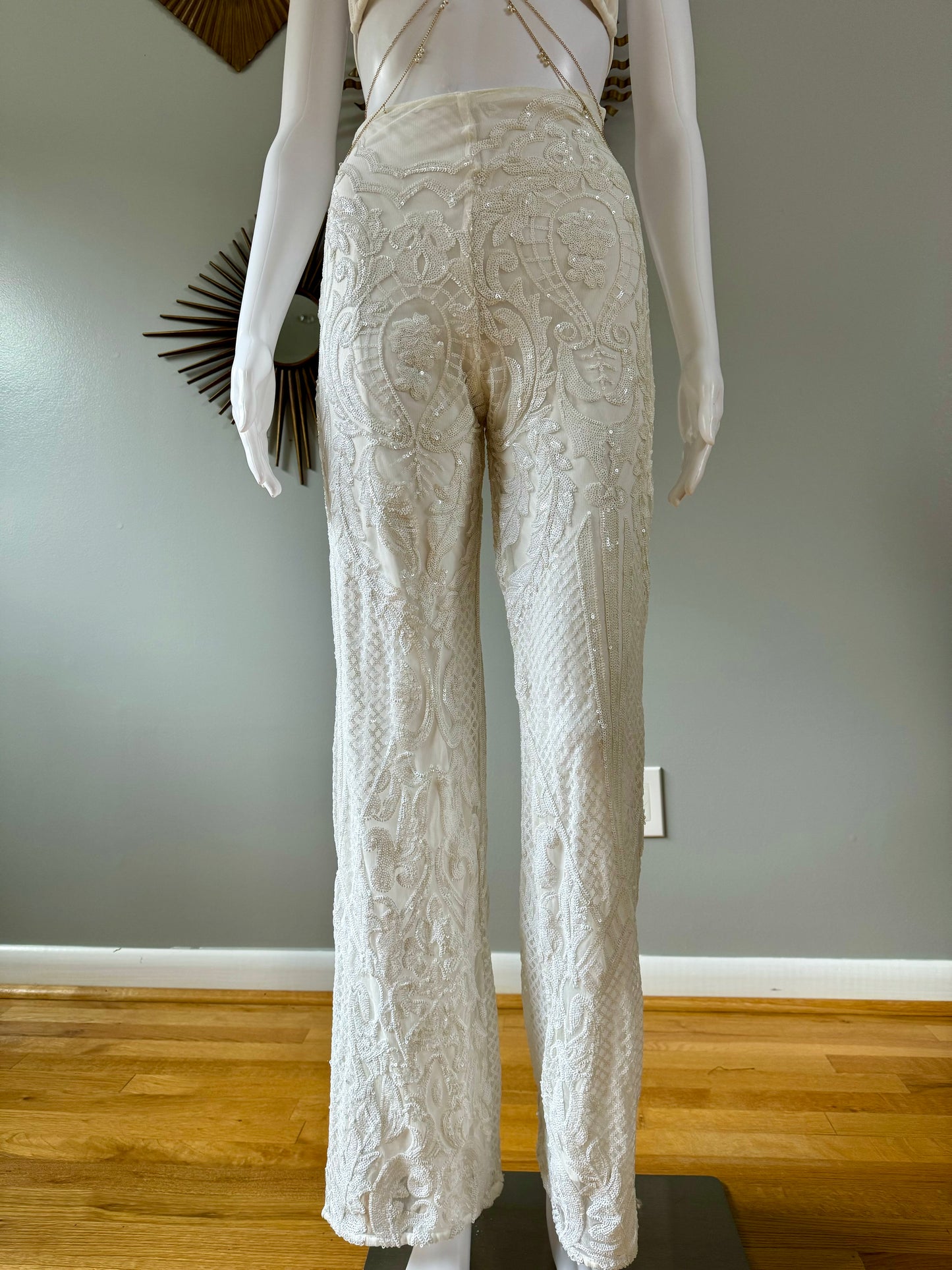 Club L London - White Allover Baroque Sequin Flare Pants