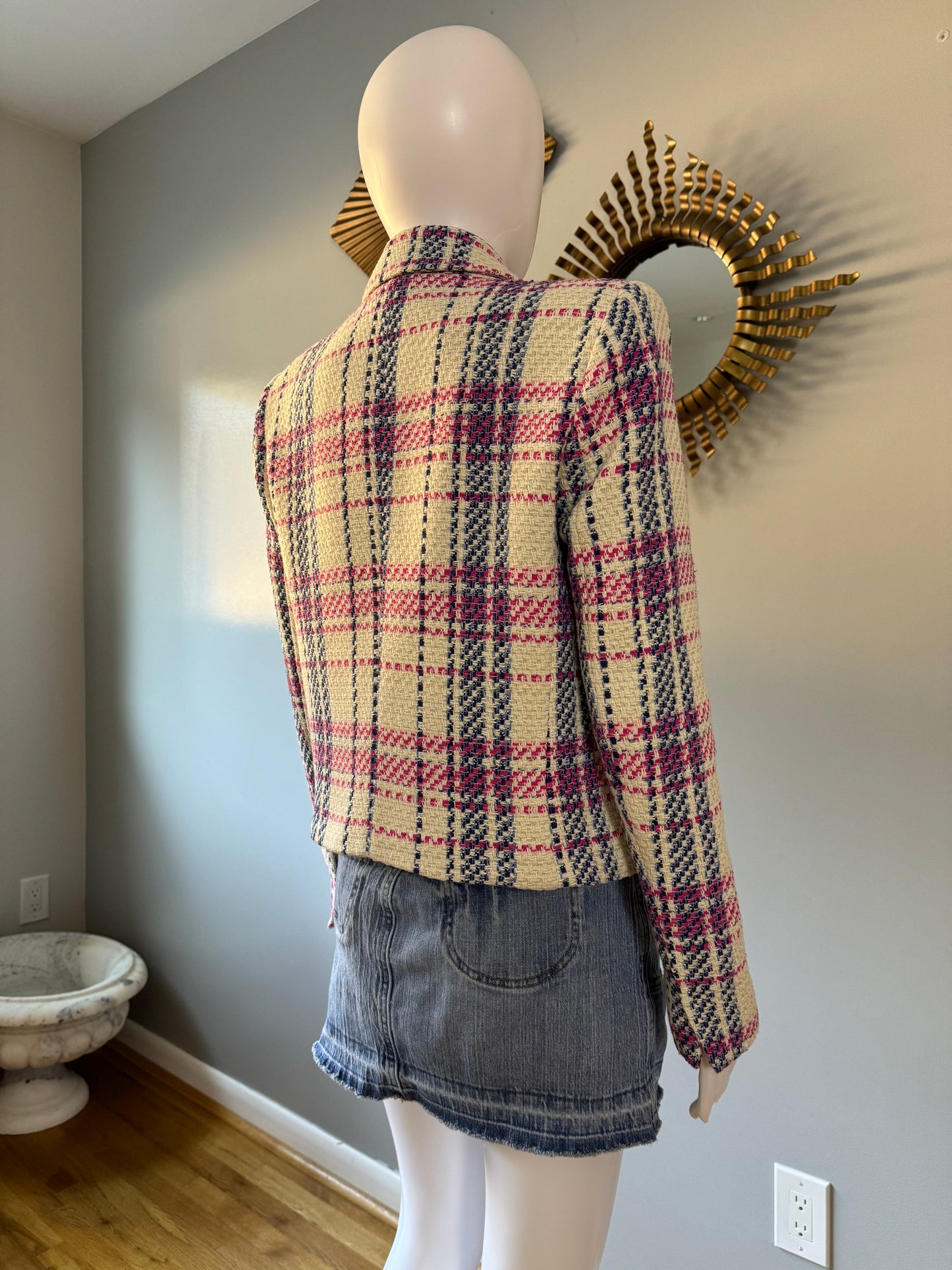 ZARA - BLUE & PINK PLAID TWEED DOUBLE BREASTED BLAZER