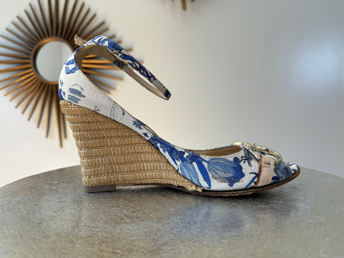 GUCCI -  Blue Floral Horsebit Raffia Wedge Sandals
