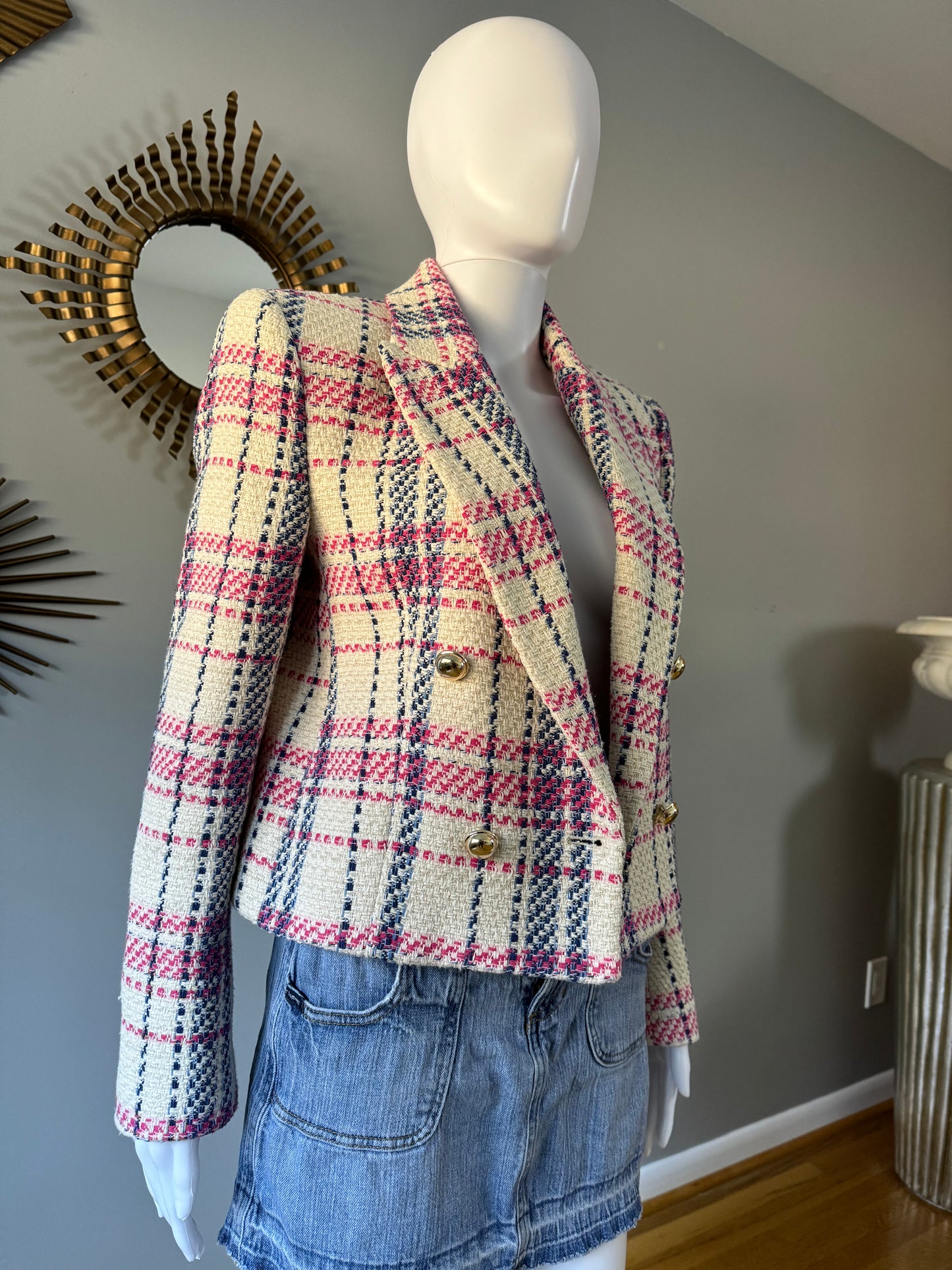 ZARA - BLUE & PINK PLAID TWEED DOUBLE BREASTED BLAZER
