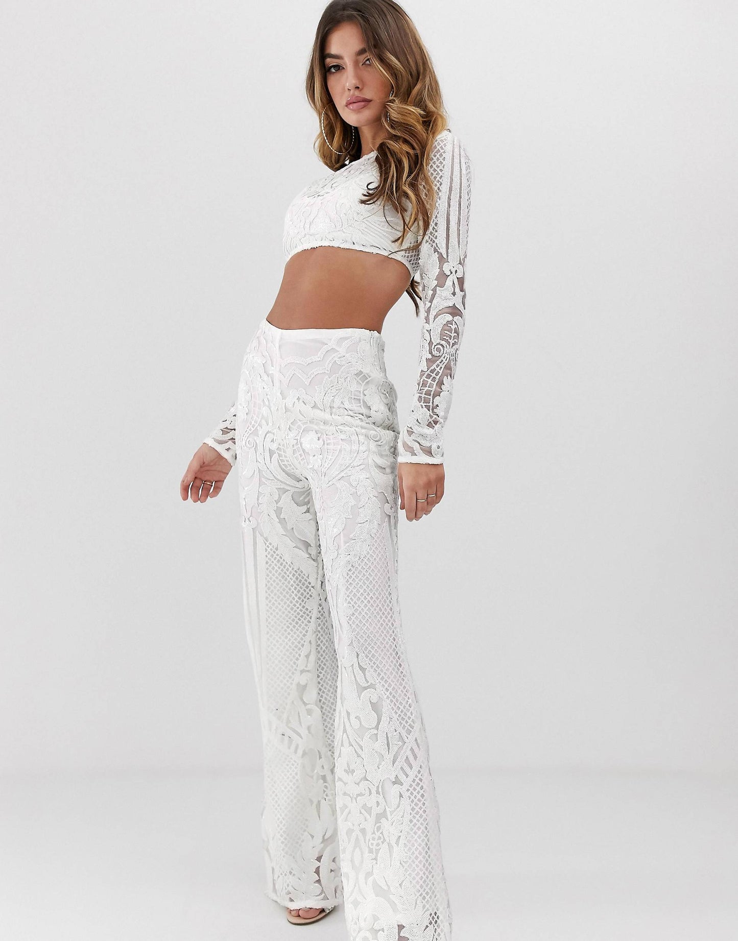Club L London - White Allover Baroque Sequin Flare Pants