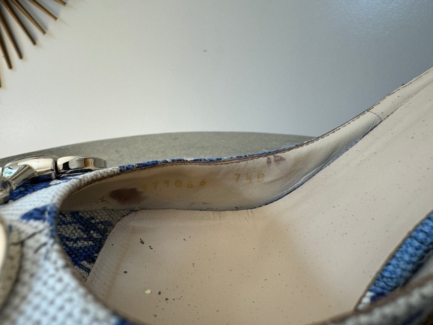 GUCCI -  Blue Floral Horsebit Raffia Wedge Sandals