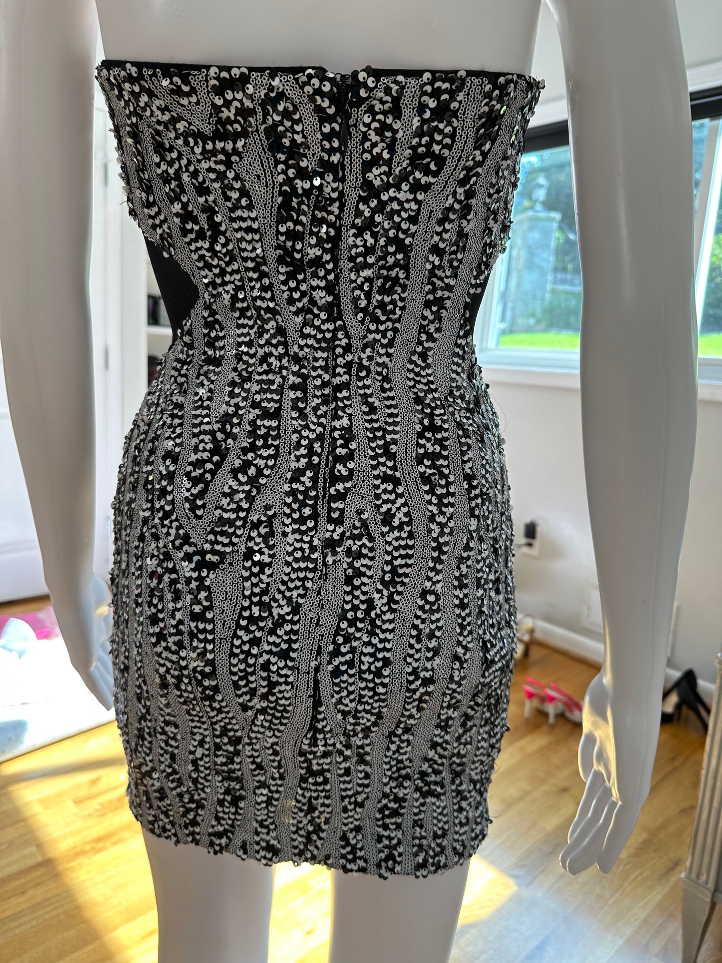 Bebe - Black & White Sequin Strapless Mini Dress