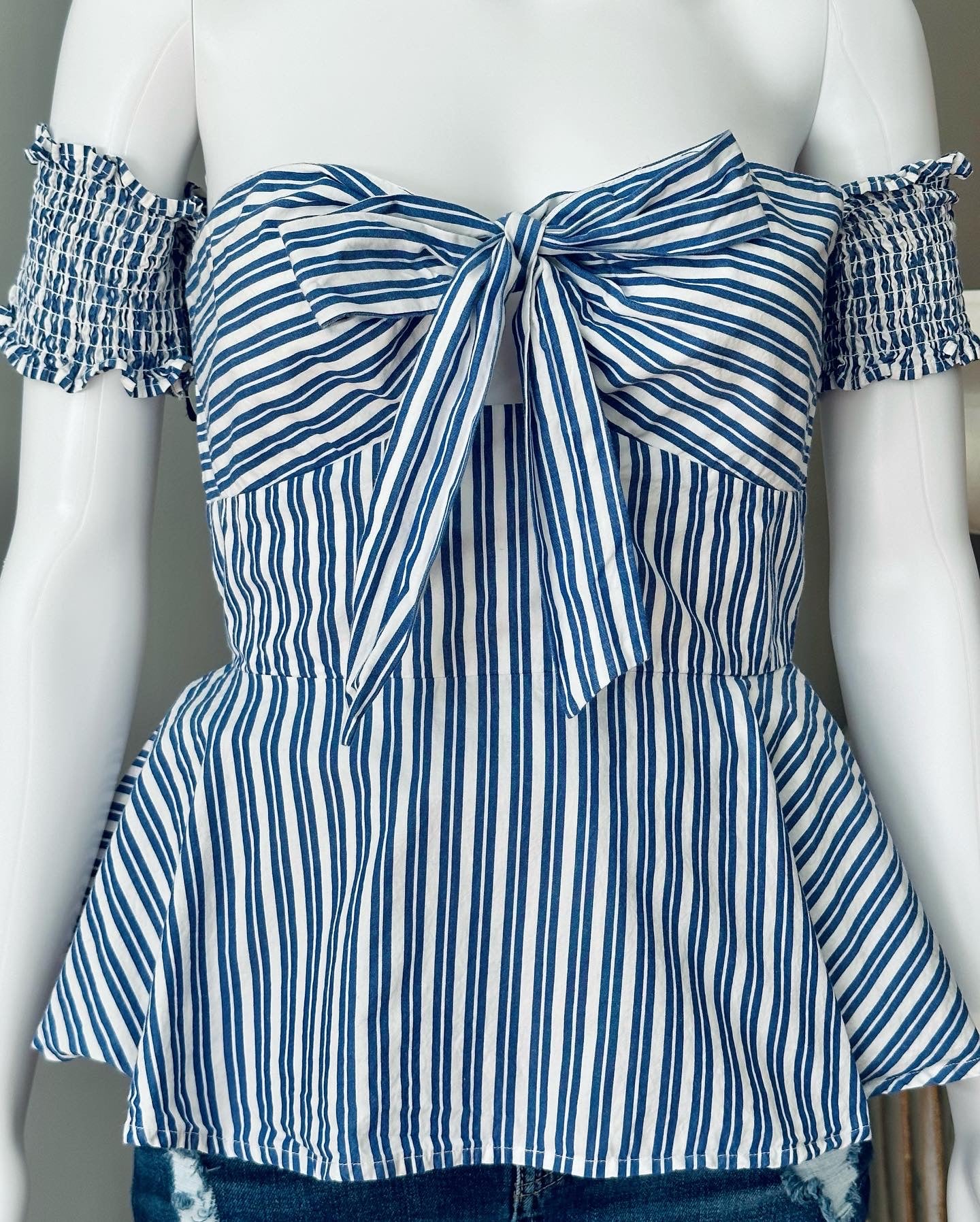 BEBE - Blue Off Shoulder Peplum Top w/ Bow Detail