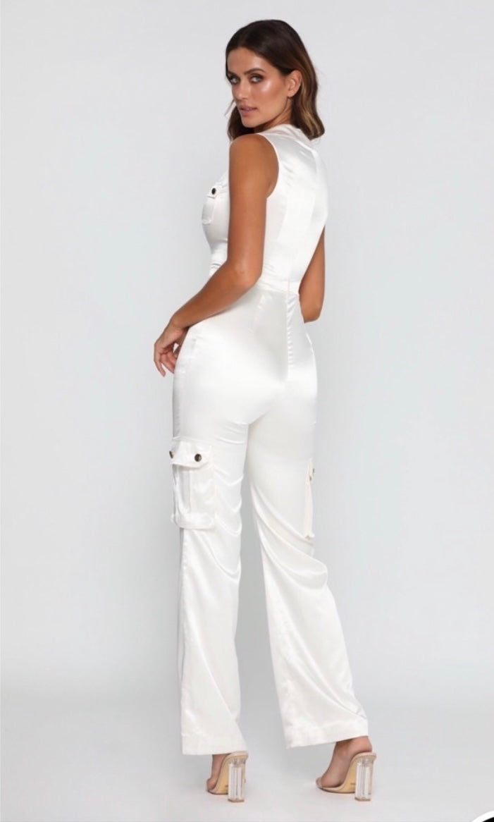 MESHKI - Ivory Jada Satin Jumpsuit W/ Gold Belt