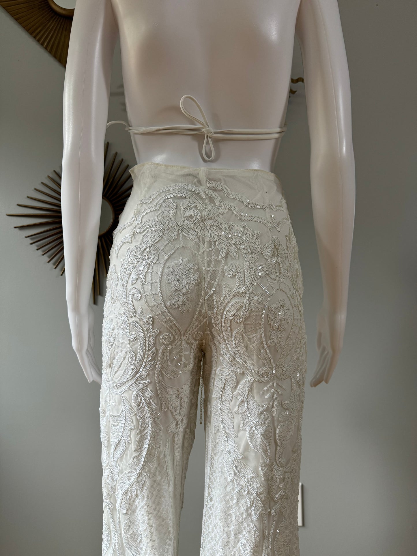 Club L London - White Allover Baroque Sequin Flare Pants
