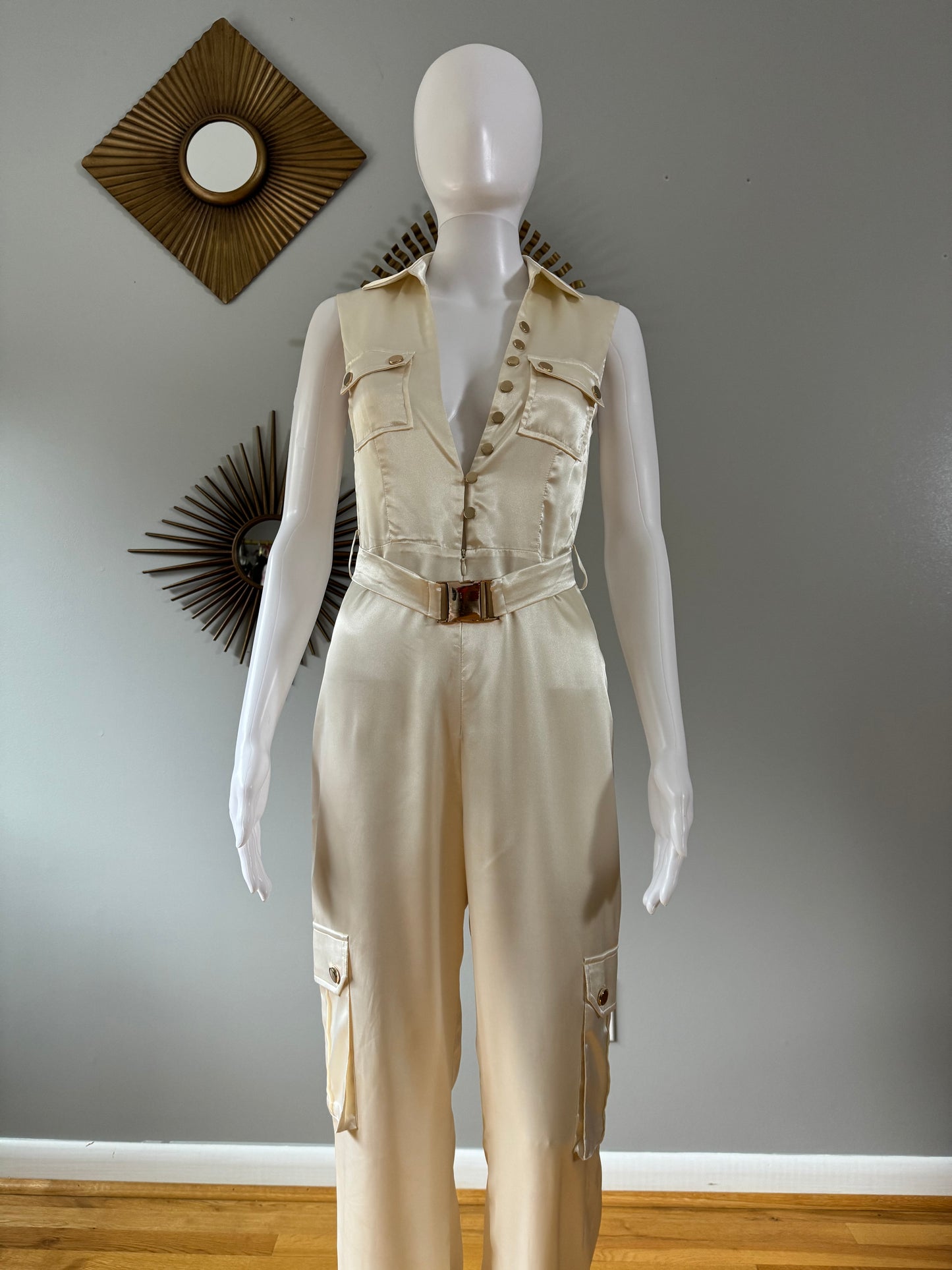 MESHKI - Ivory Jada Satin Jumpsuit W/ Gold Belt