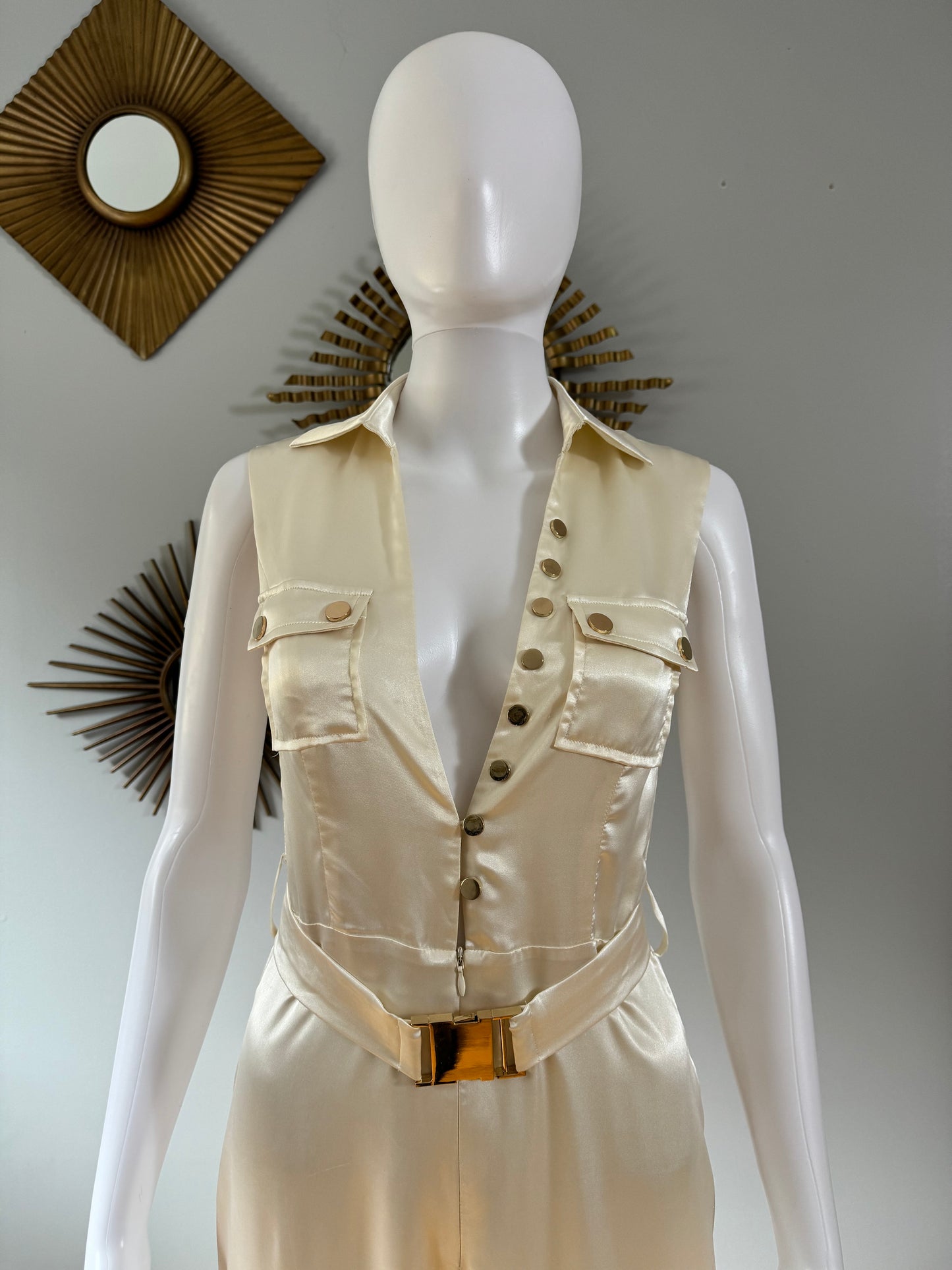MESHKI - Ivory Jada Satin Jumpsuit W/ Gold Belt