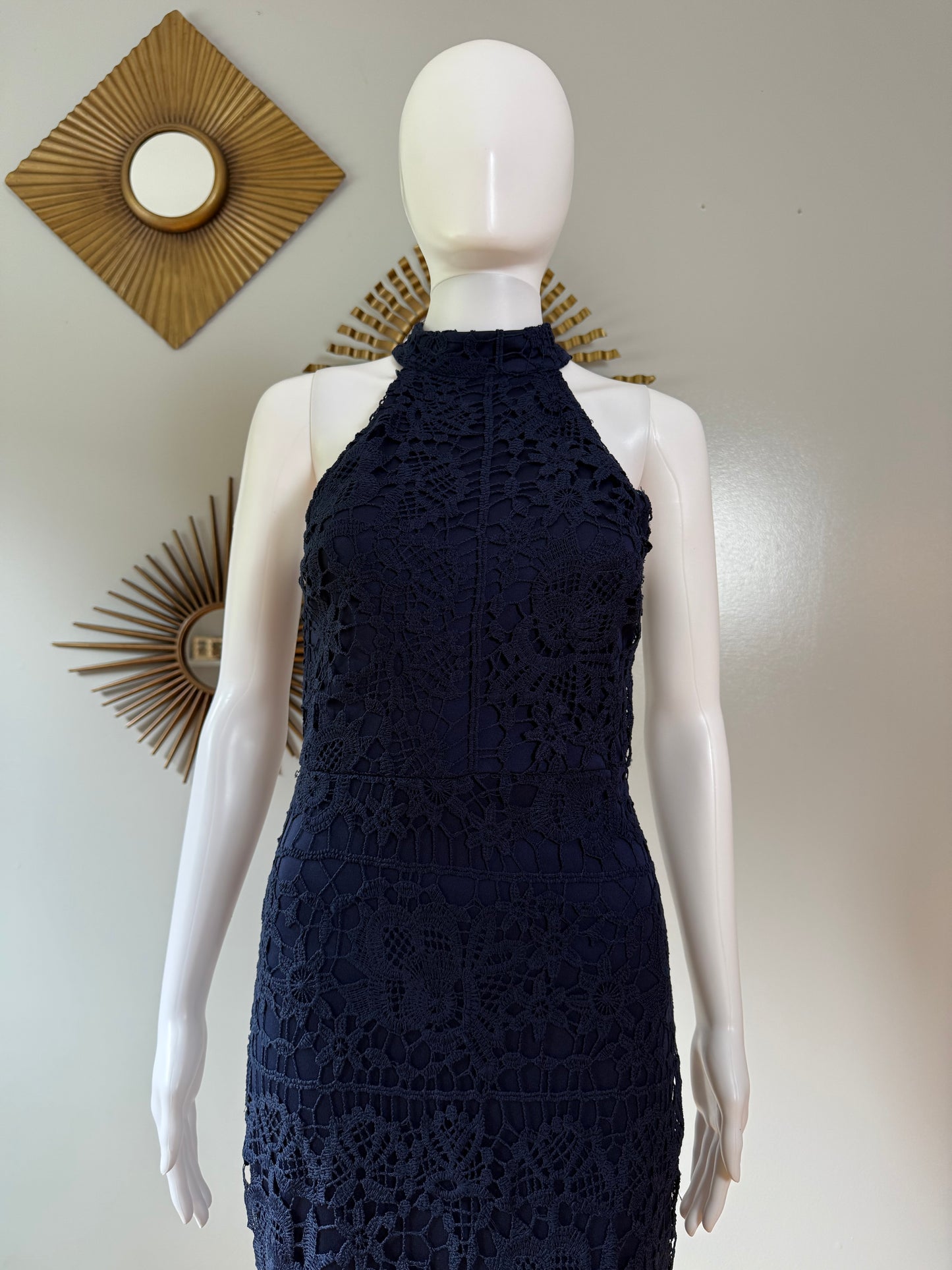 Missguided - Blue Lace High Neck Fishtail Dress