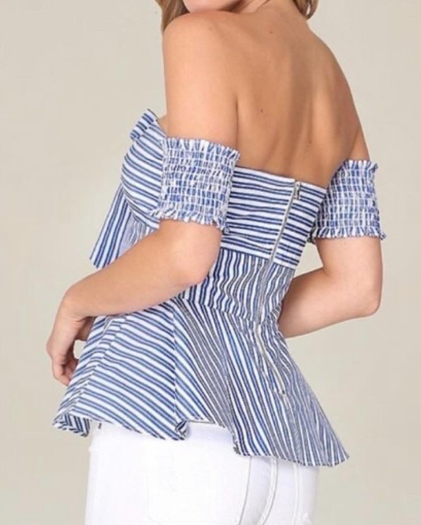 BEBE - Blue Off Shoulder Peplum Top w/ Bow Detail