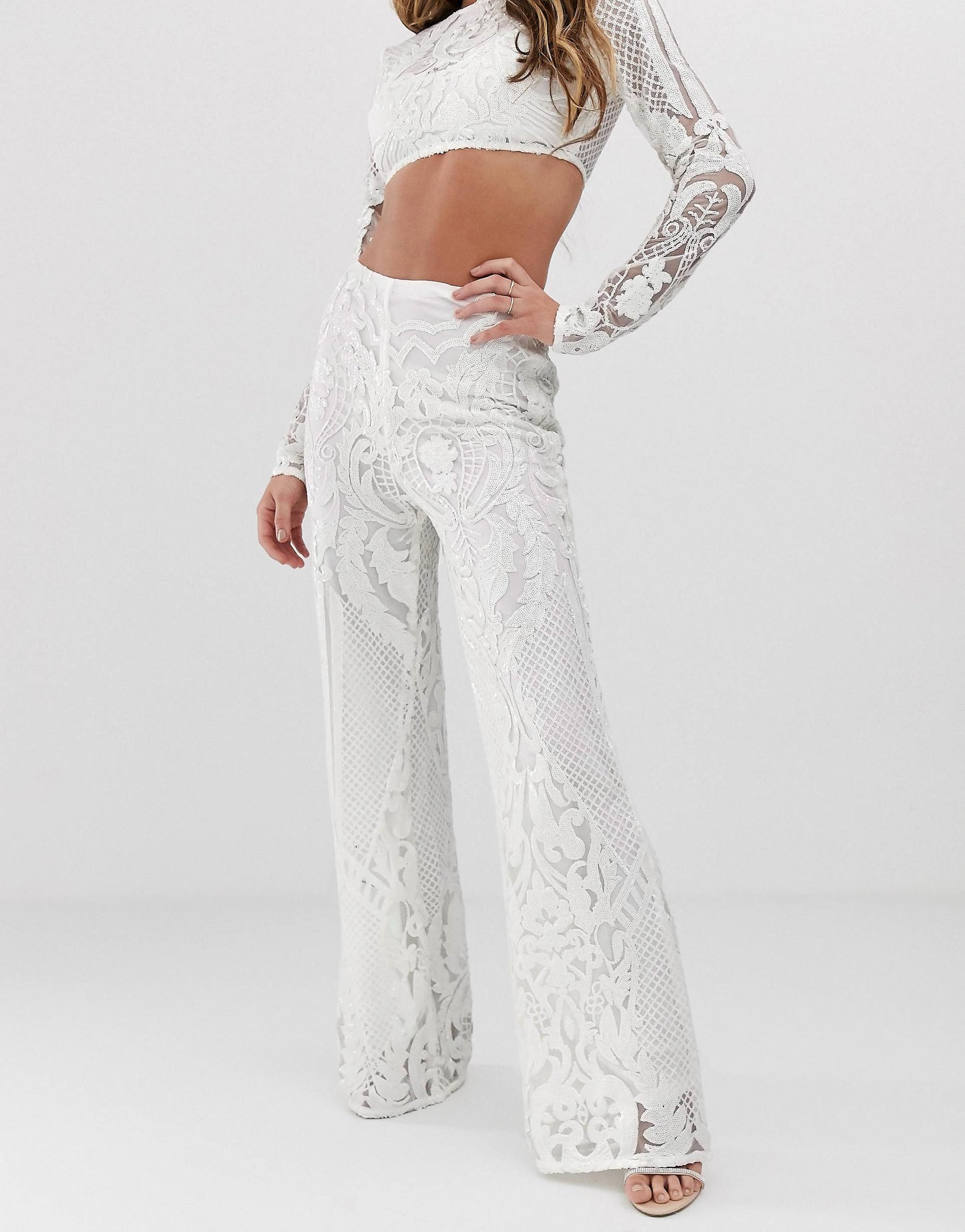 Club L London - White Allover Baroque Sequin Flare Pants