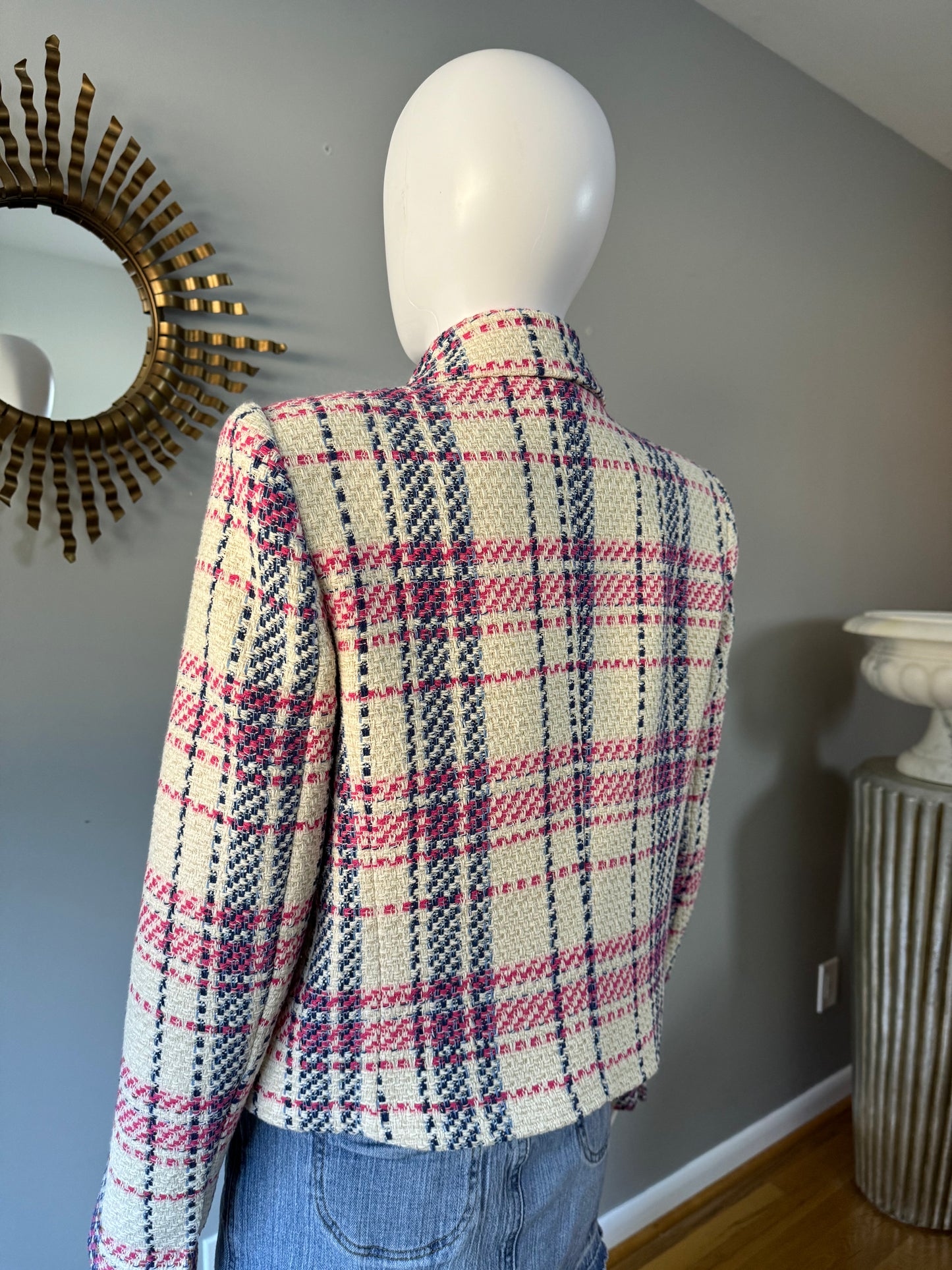 ZARA - BLUE & PINK PLAID TWEED DOUBLE BREASTED BLAZER