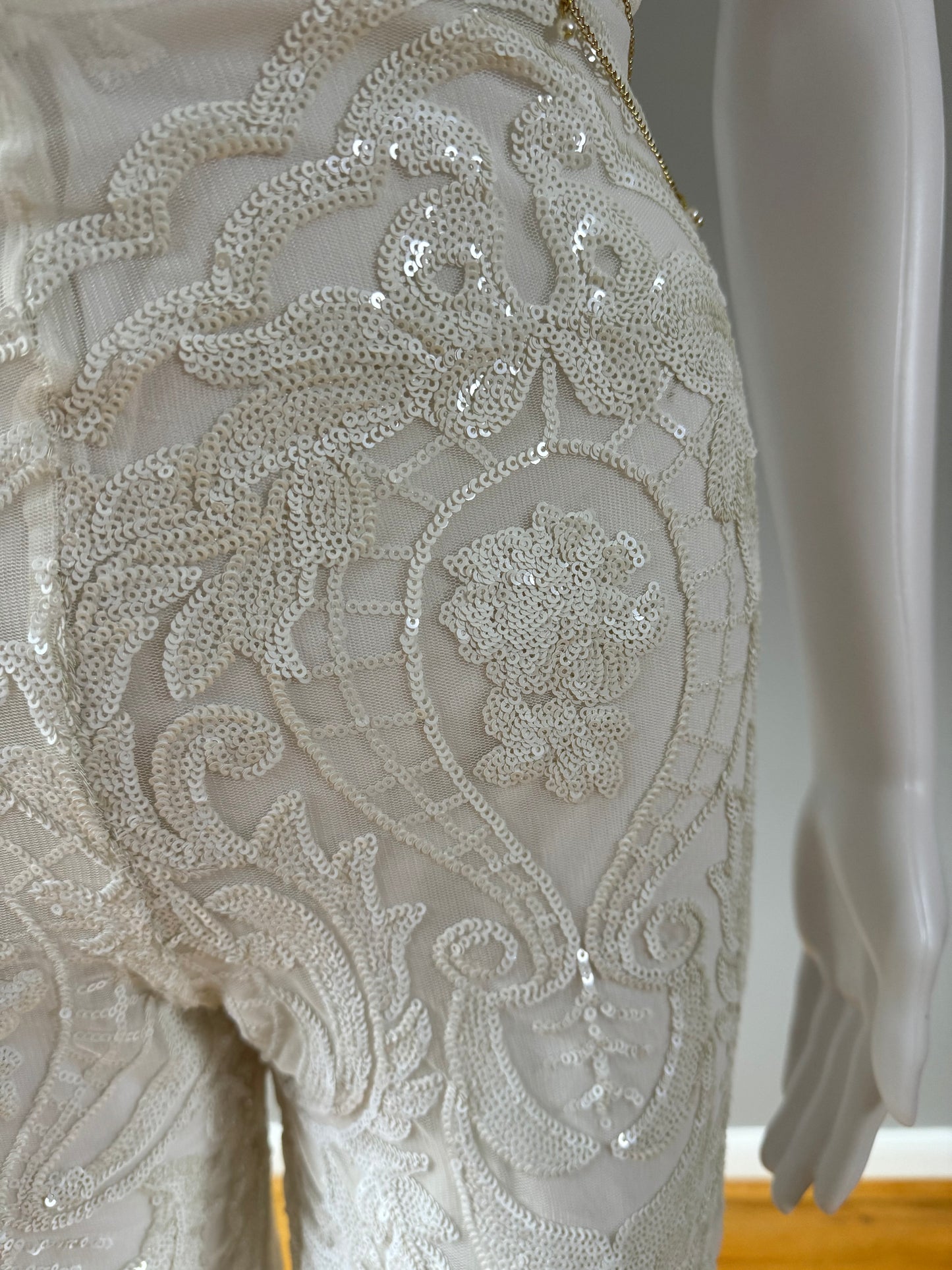 Club L London - White Allover Baroque Sequin Flare Pants