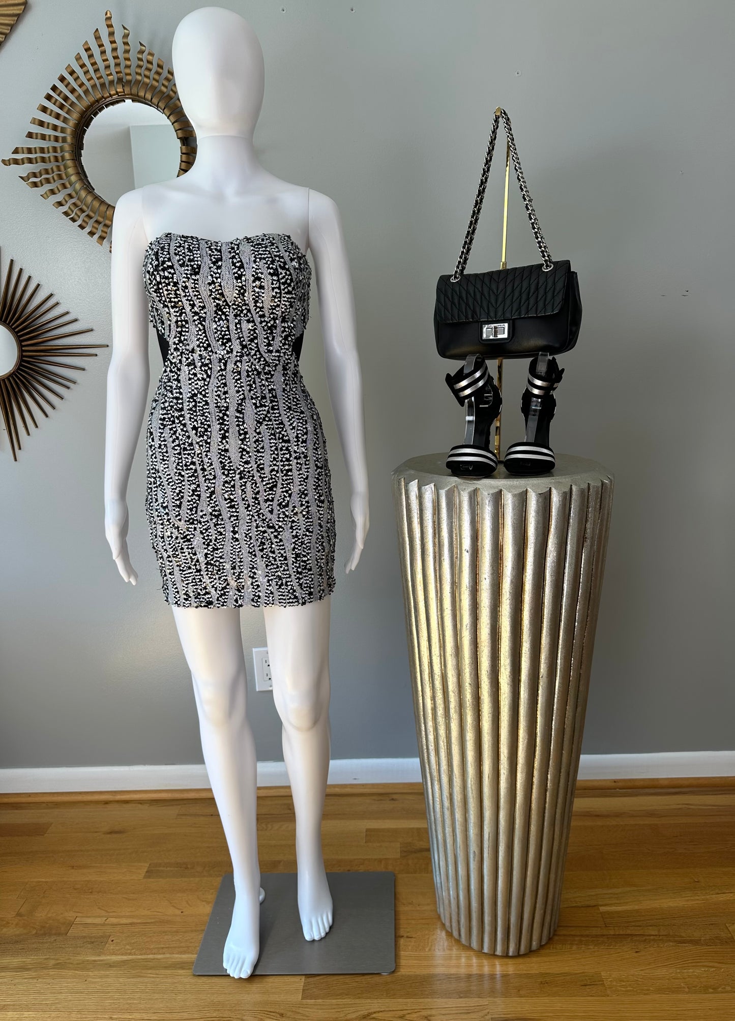 Bebe - Black & White Sequin Strapless Mini Dress