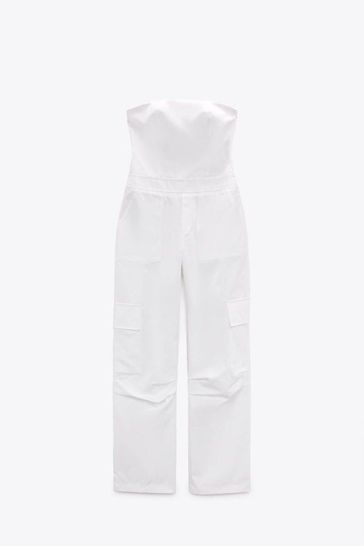 ZARA - White Strapless Cargo Jumpsuit