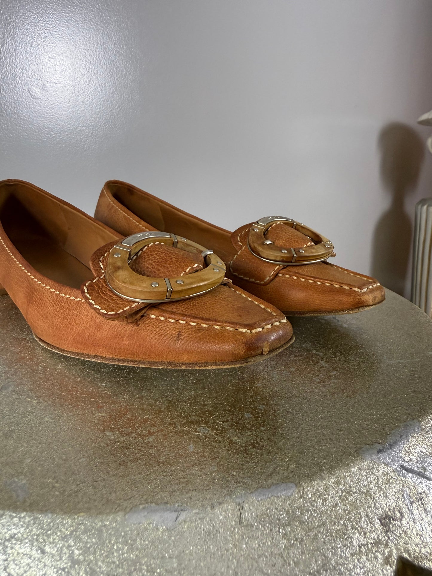 Prada - Tan Leather Loafers w/ Wood Accent