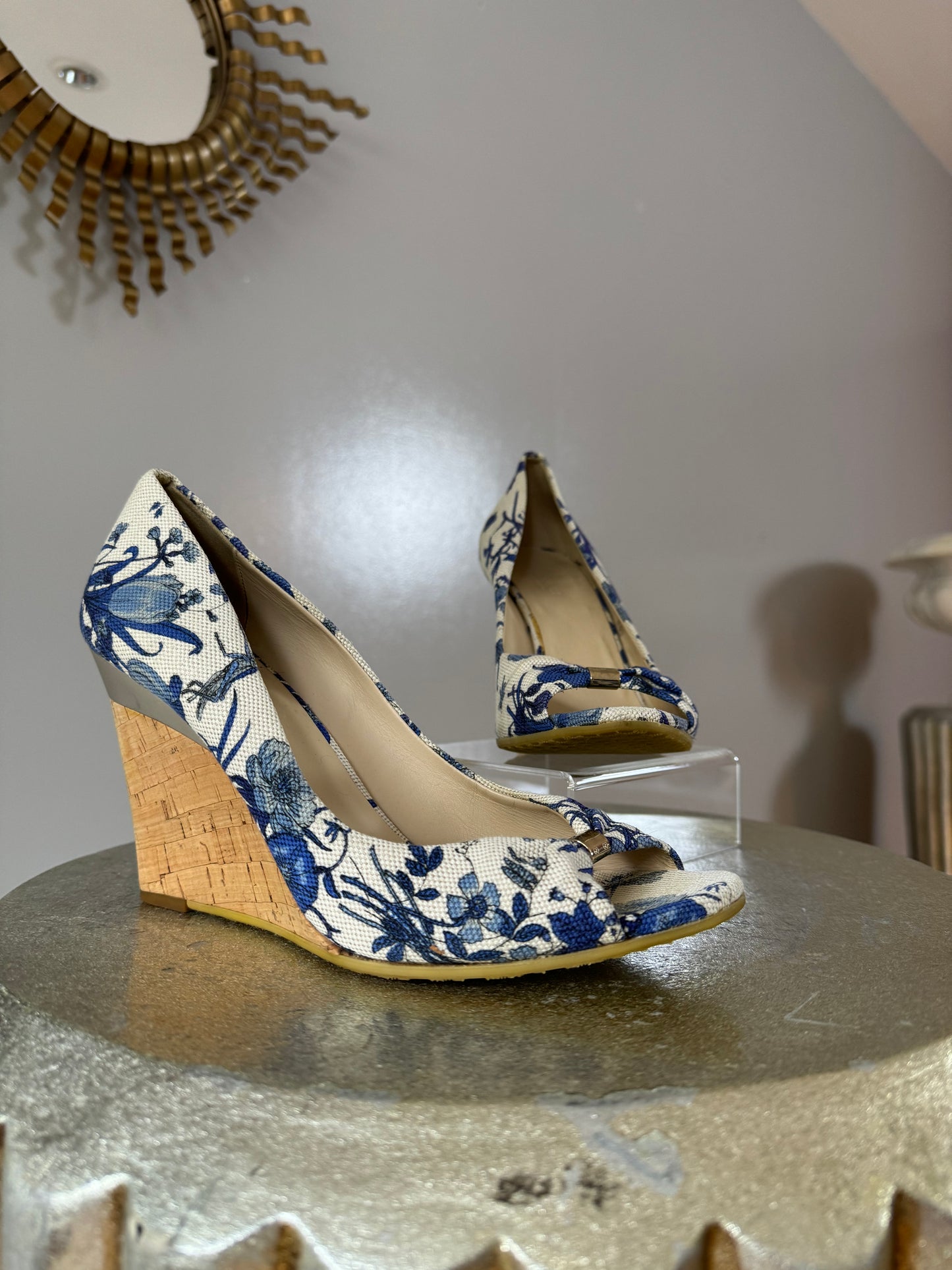 GUCCI- Blue Floral Canvas Wedge Sandal