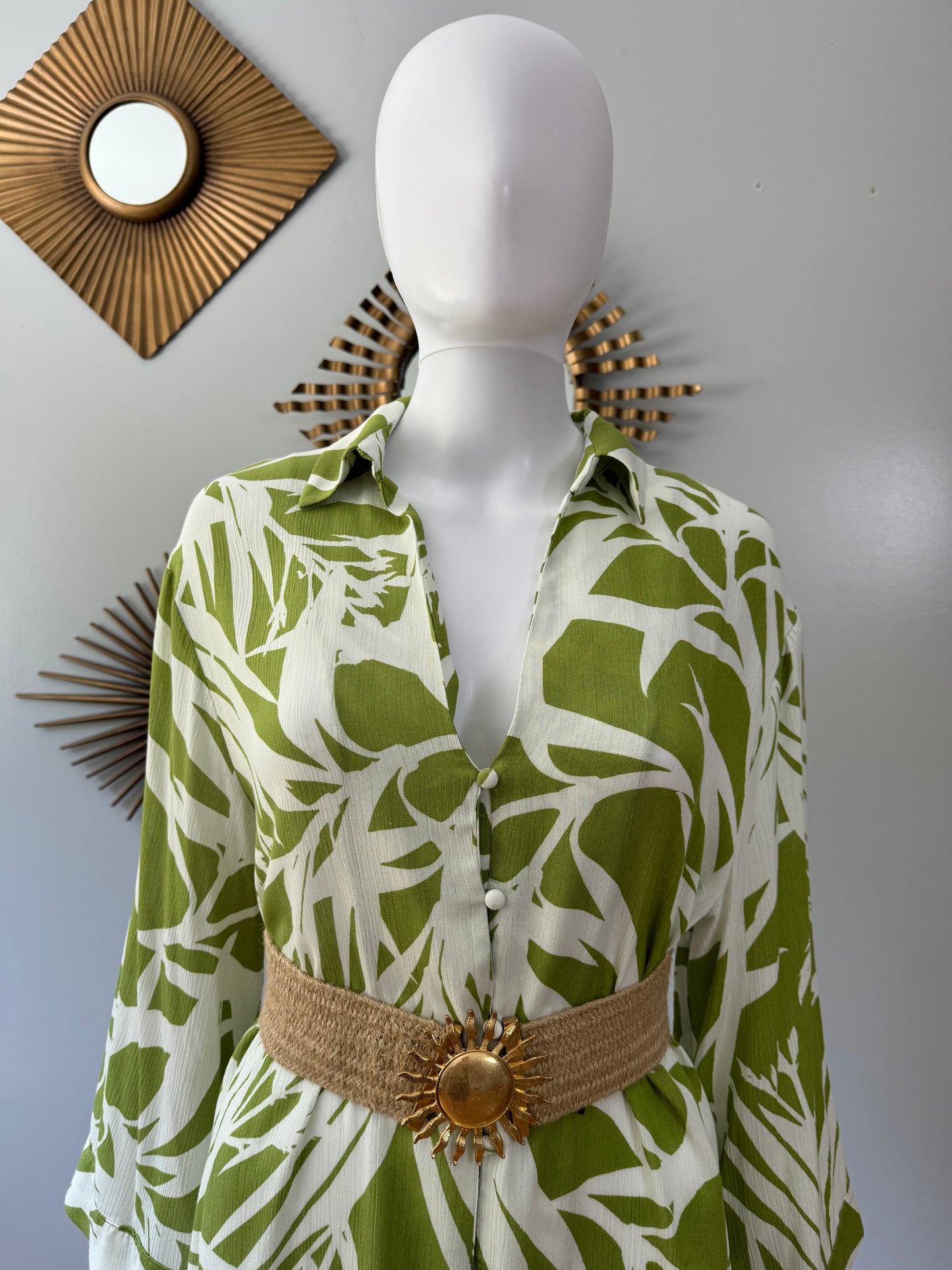 ZARA- Green Leaf Printed Kaftan Midi Dress