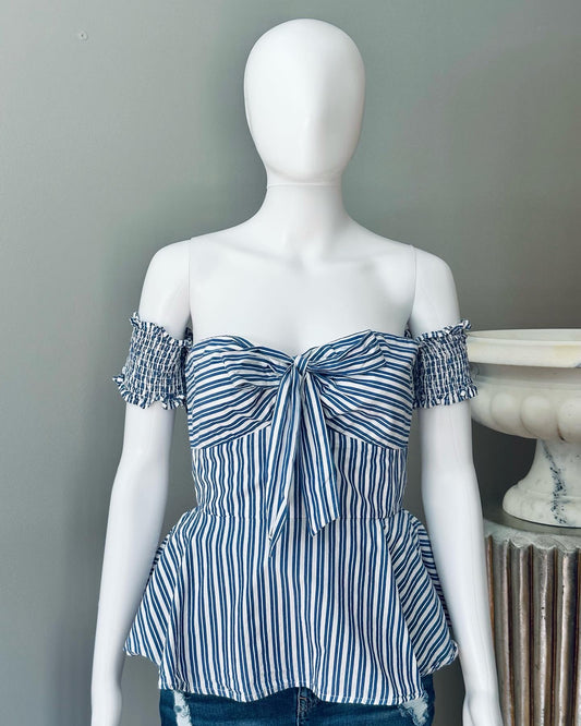 BEBE - Blue Off Shoulder Peplum Top w/ Bow Detail