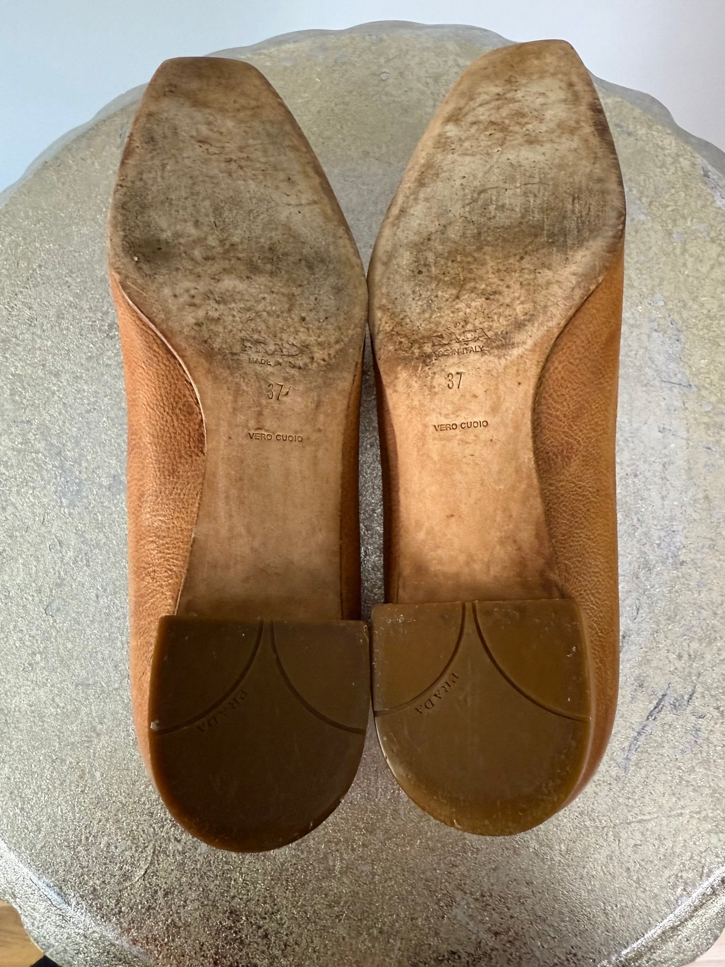 Prada - Tan Leather Loafers w/ Wood Accent