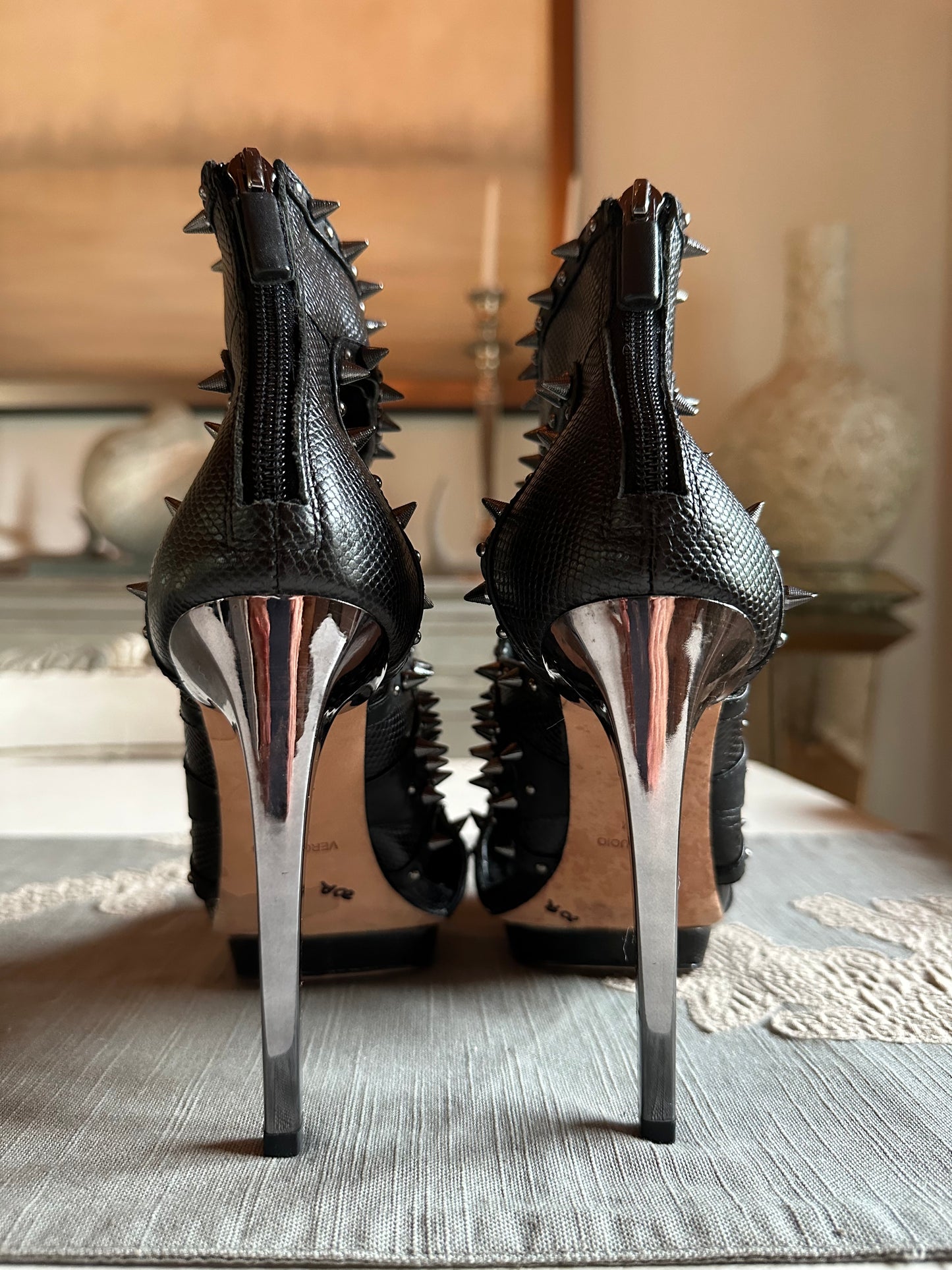 BCBGMAXAZRIA - Black Snake Embossed Spiked Vamp Pumps
