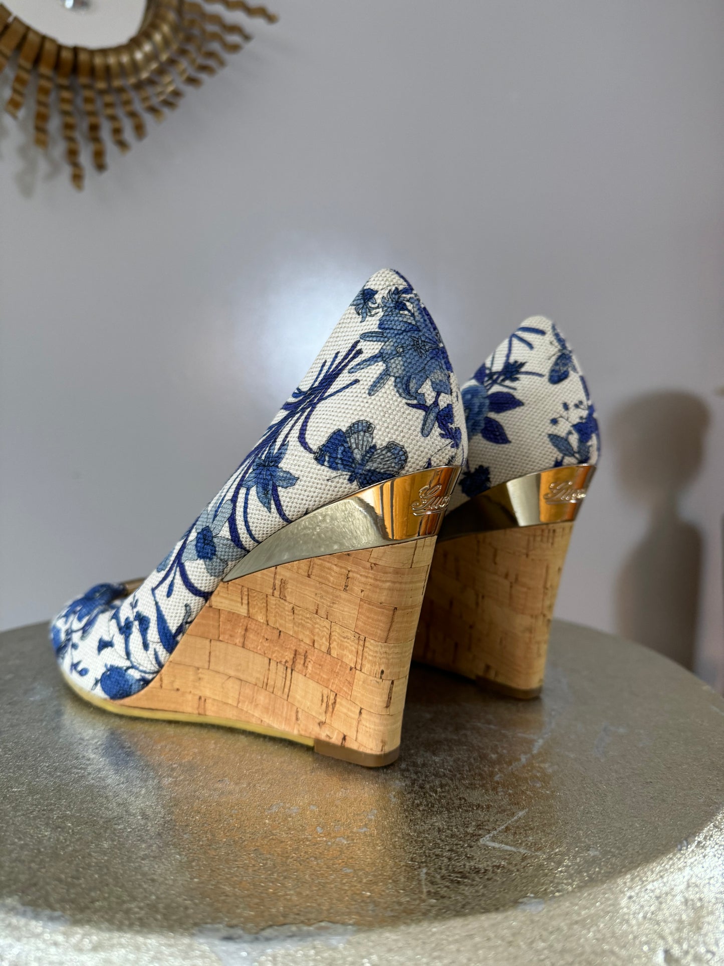 GUCCI- Blue Floral Canvas Wedge Sandal