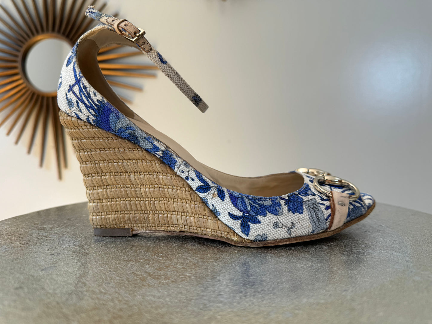 GUCCI -  Blue Floral Horsebit Raffia Wedge Sandals