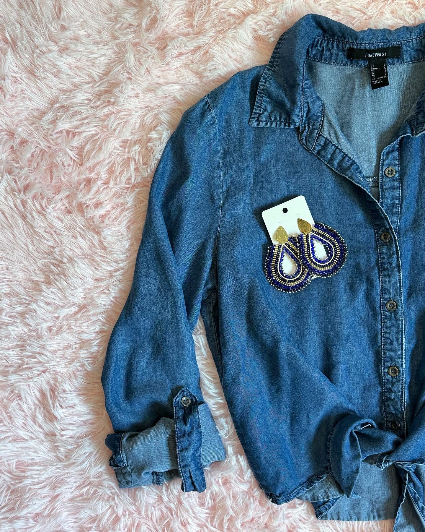 Forever 21 - Blue Denim Front Tie Crop Top