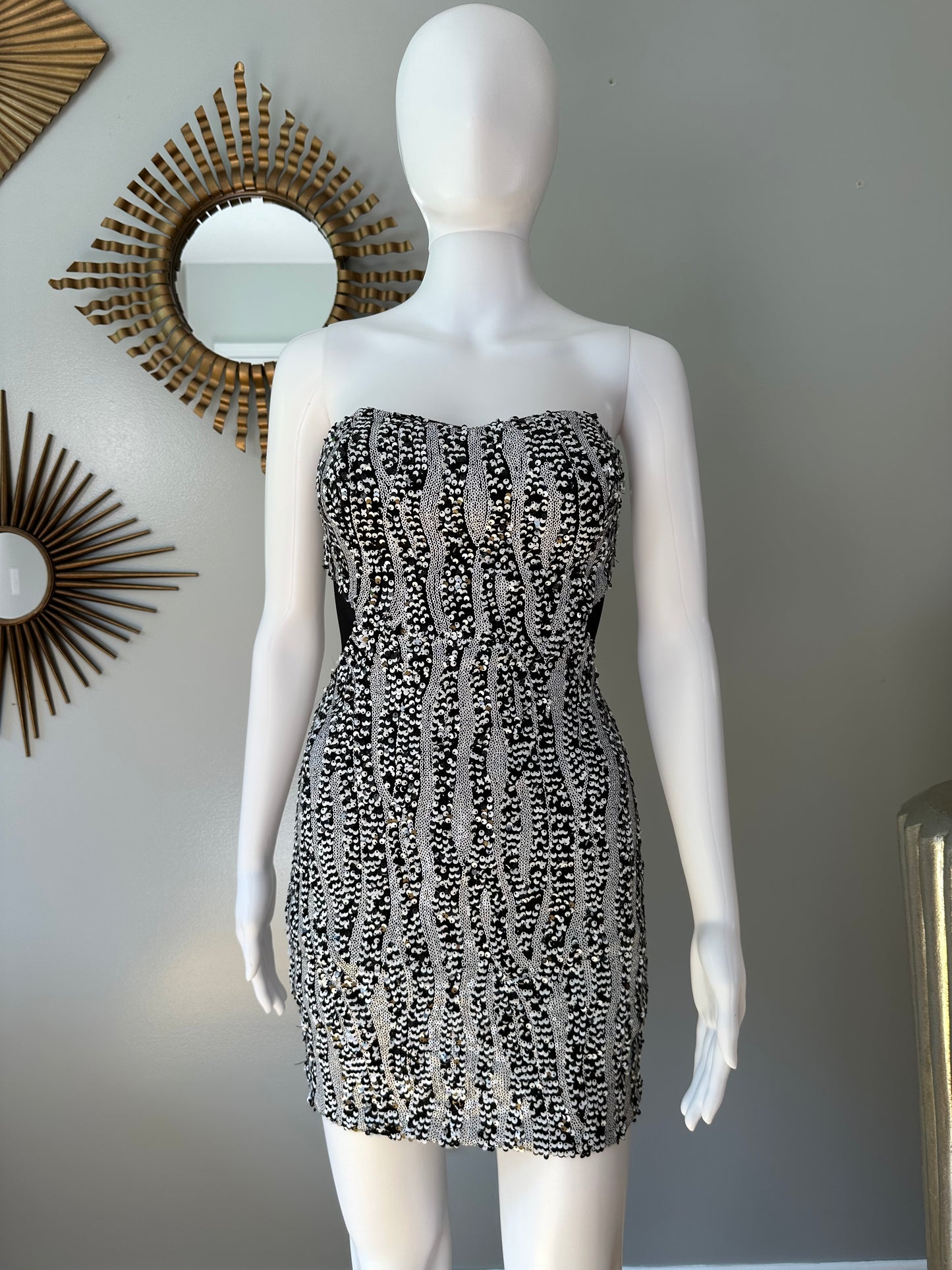 Bebe - Black & White Sequin Strapless Mini Dress