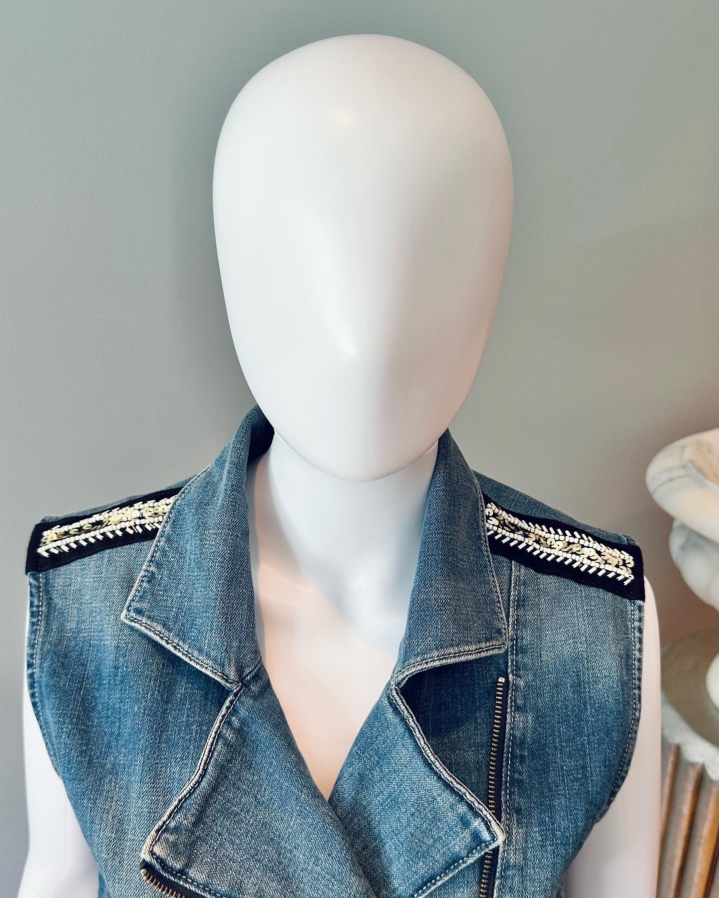 Paige - Chelsea Denim Vest w/ Beaded Shoulder Embellishments