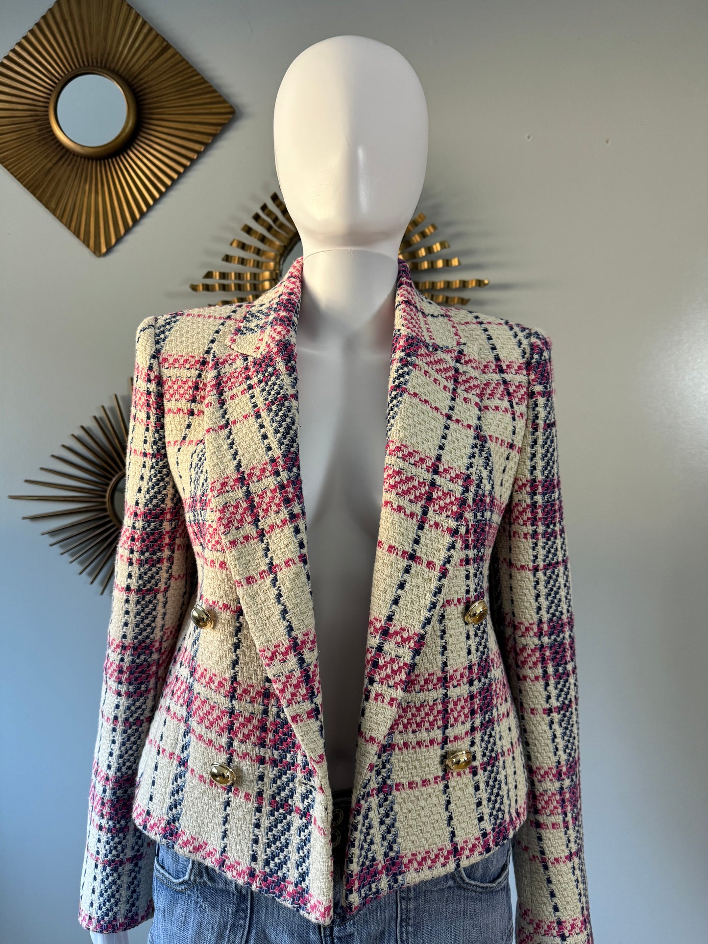 ZARA - BLUE & PINK PLAID TWEED DOUBLE BREASTED BLAZER