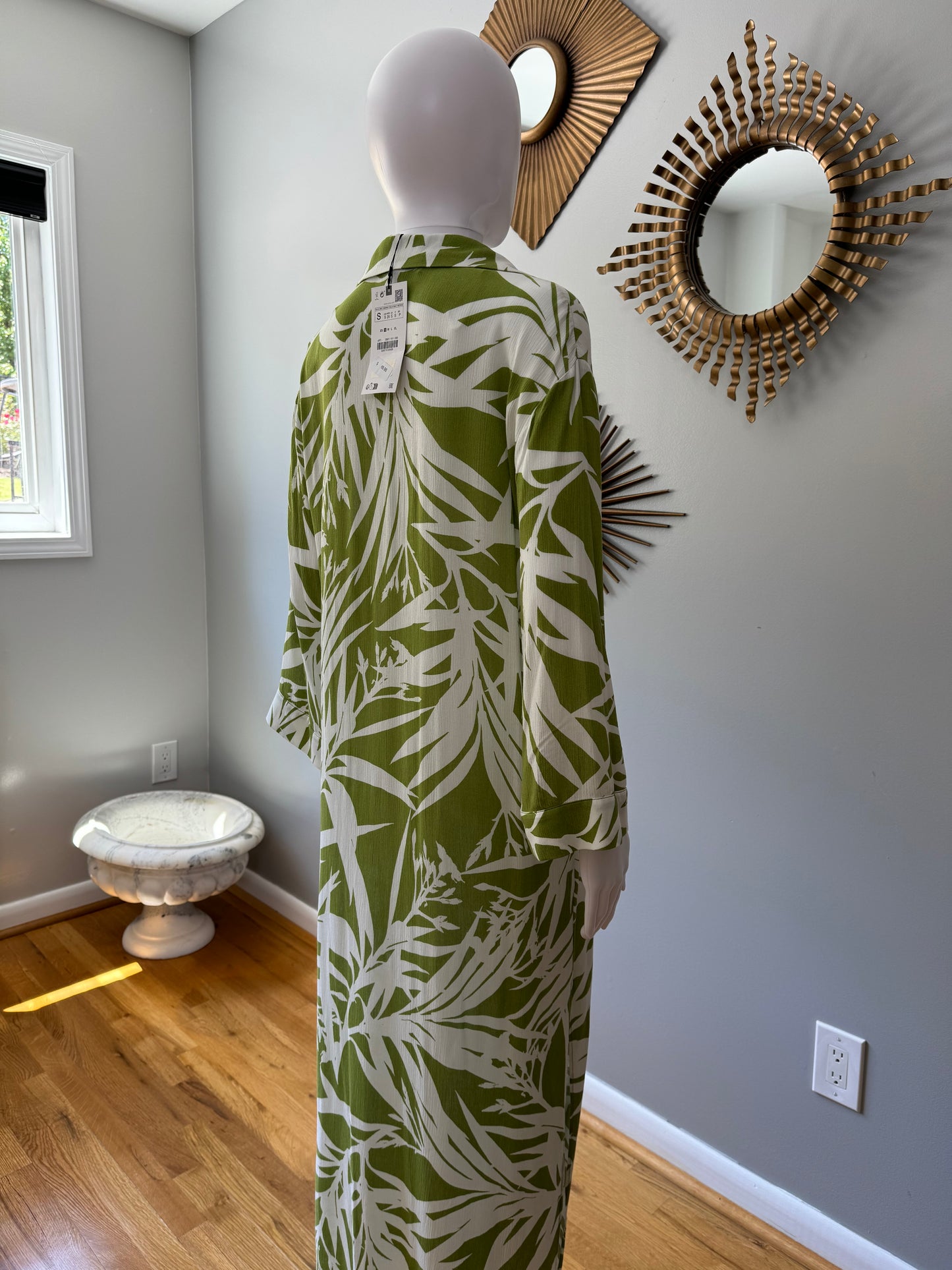 ZARA- Green Leaf Printed Kaftan Midi Dress