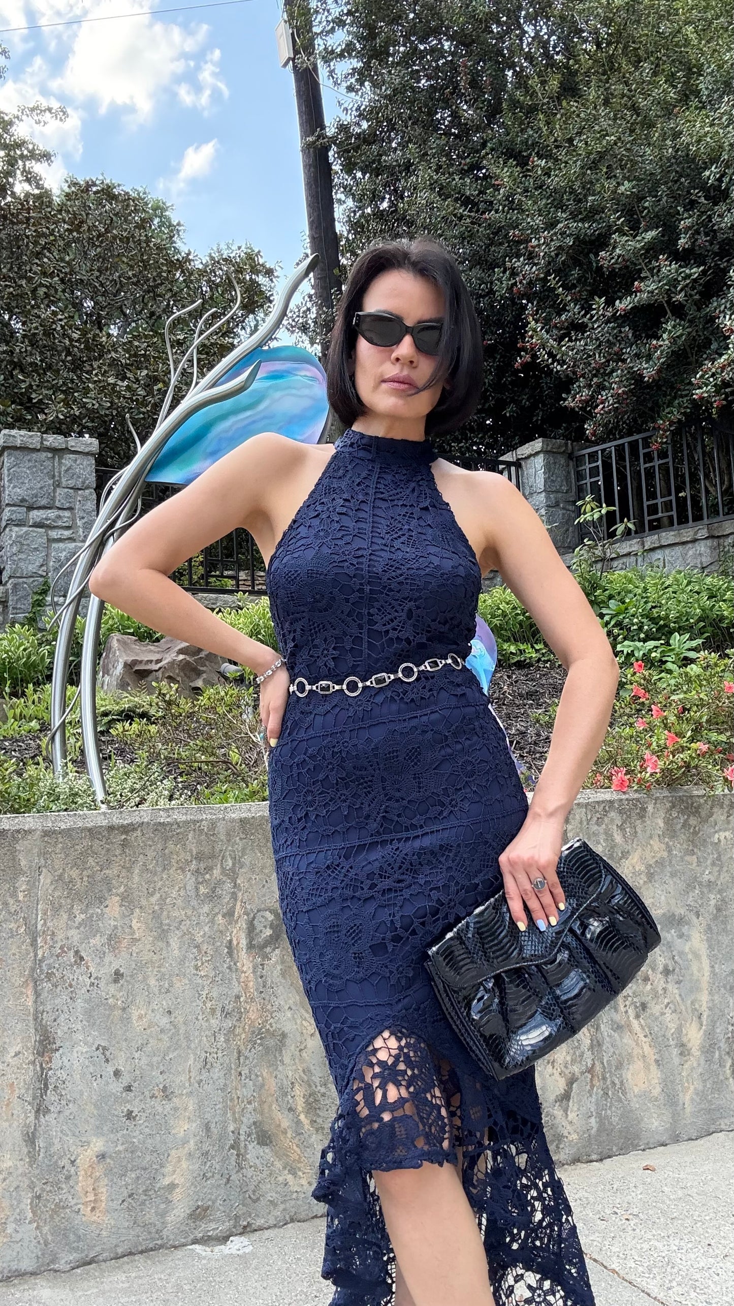 Missguided - Blue Lace High Neck Fishtail Dress