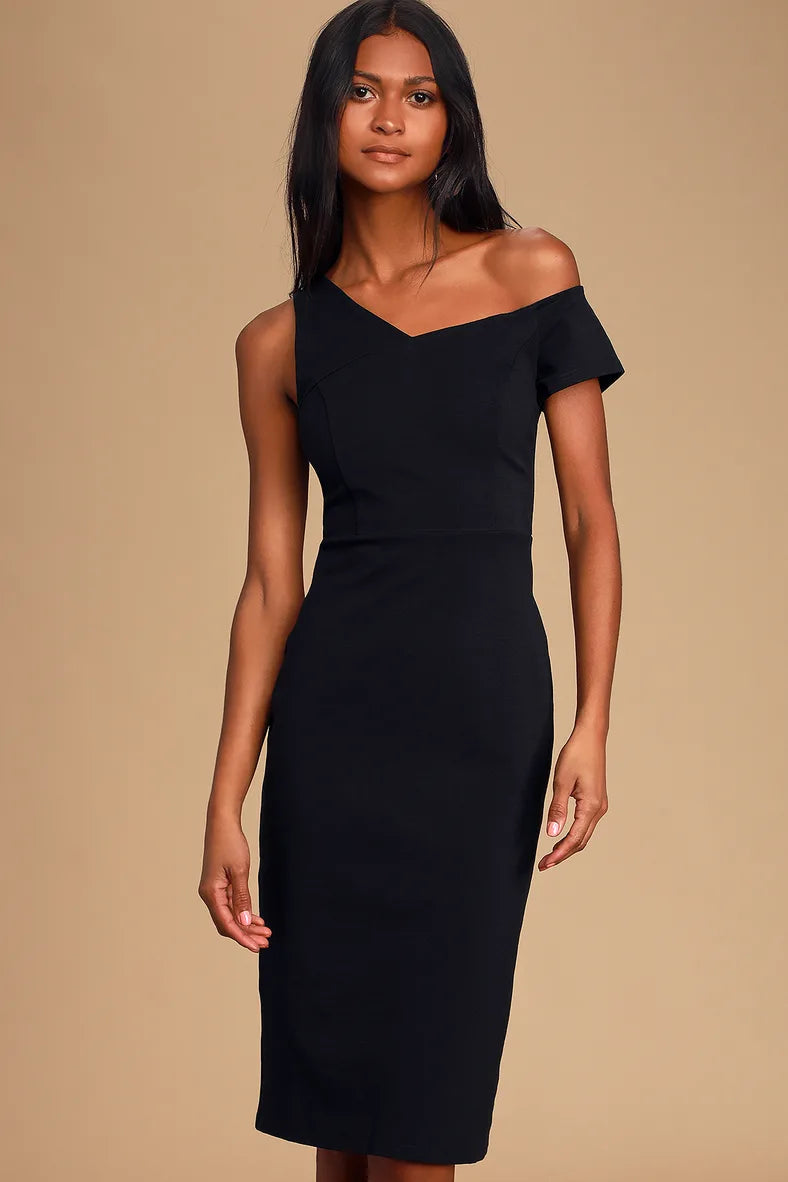 Lulu’s - Black One Shoulder Bodycon Midi Dress