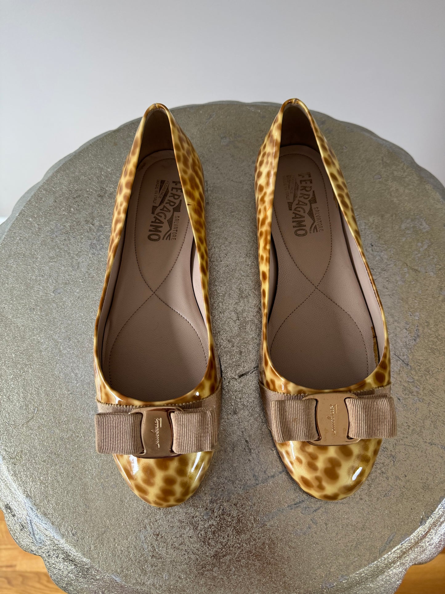 Salvatore Ferragamo - Patent Leather Animal Print Varina Ballet Flats