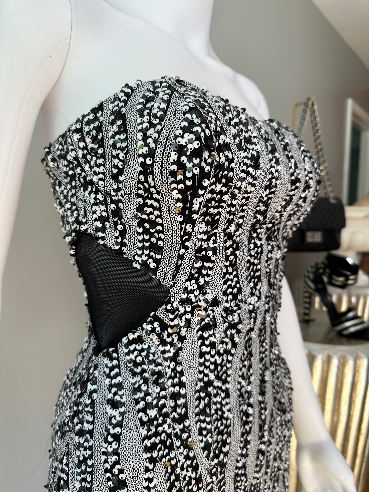 Bebe - Black & White Sequin Strapless Mini Dress