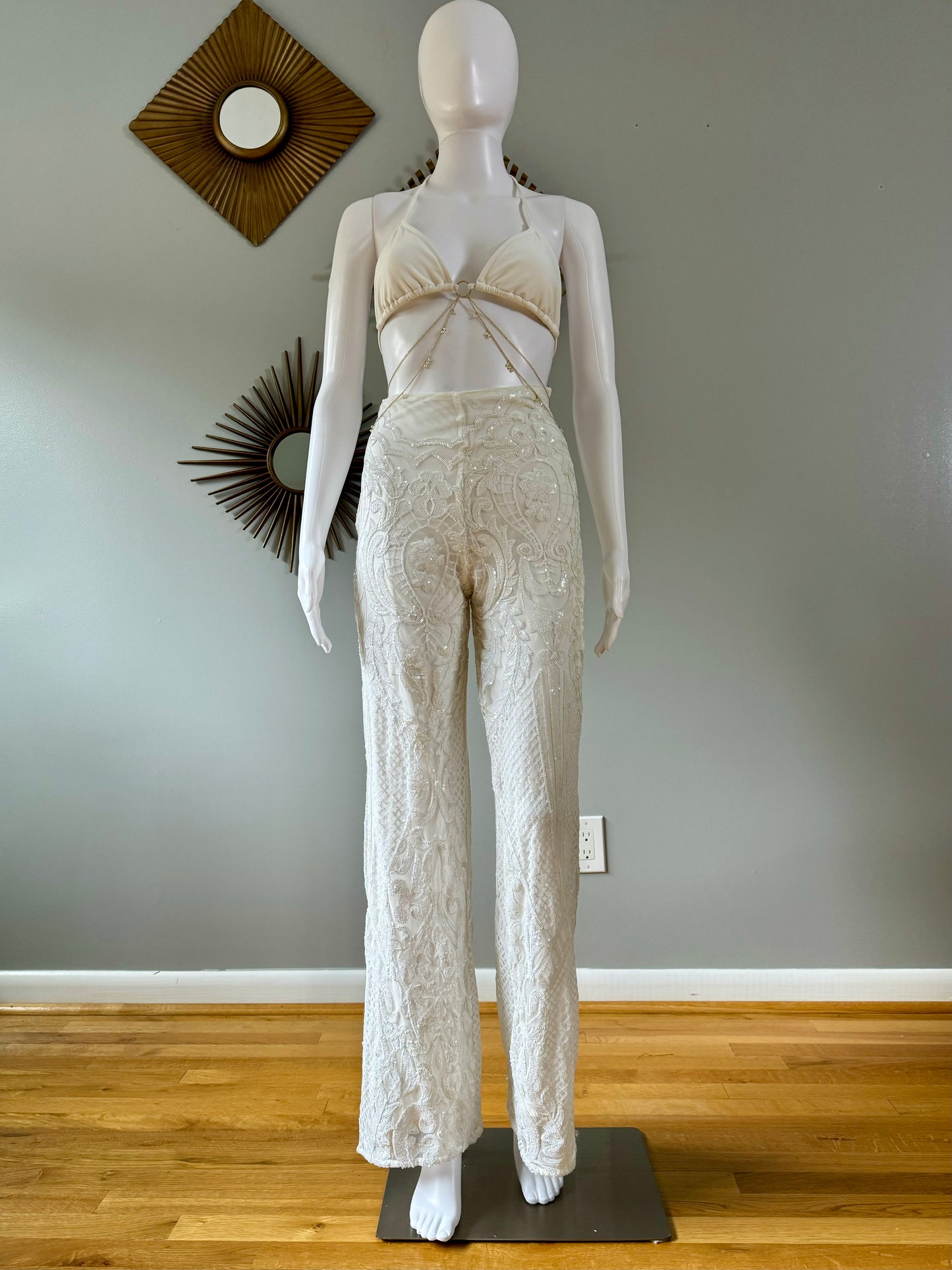 Club L London - White Allover Baroque Sequin Flare Pants