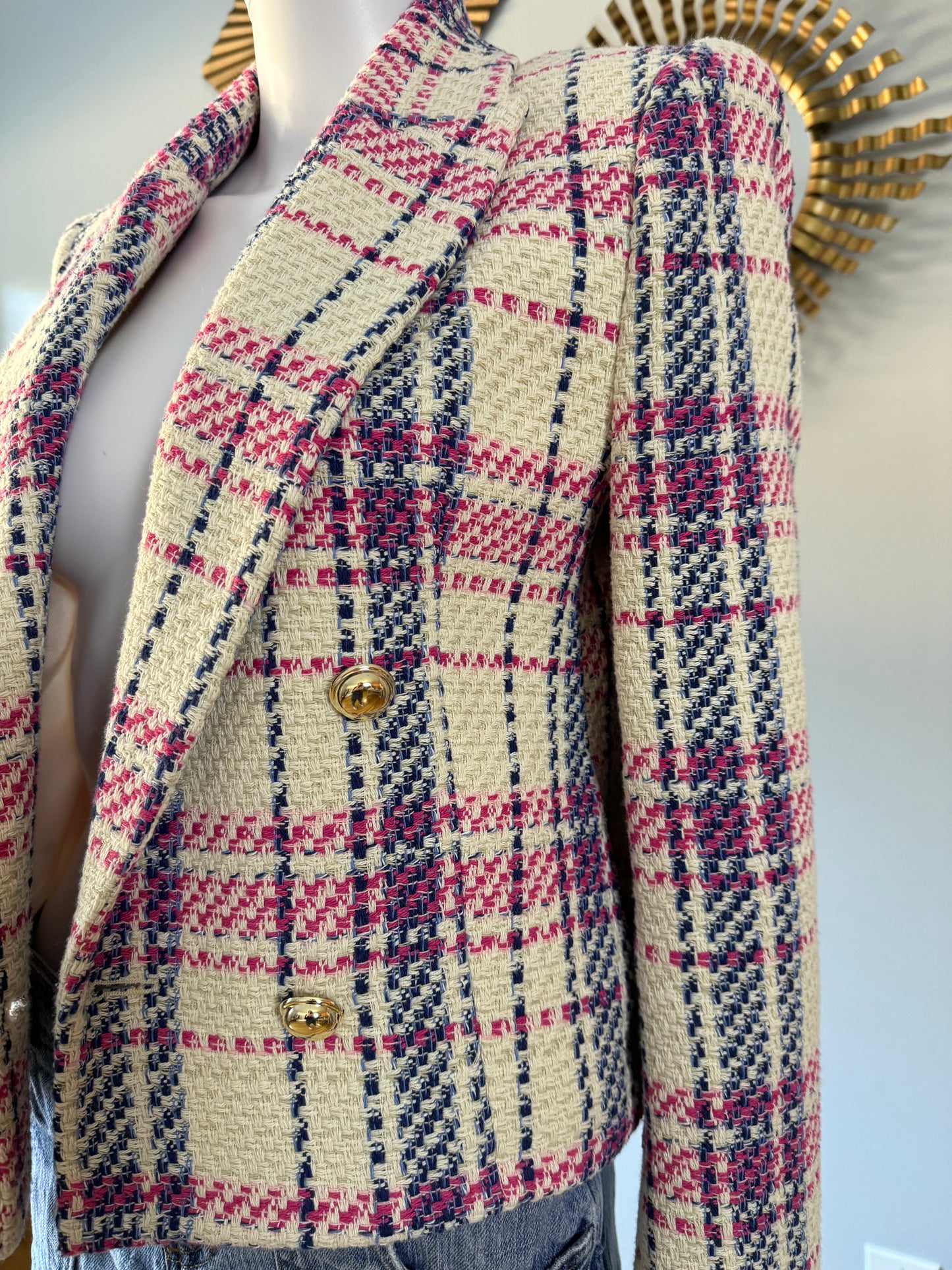 ZARA - BLUE & PINK PLAID TWEED DOUBLE BREASTED BLAZER