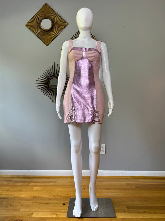 H:ours - Pink Faux Leather Mini Dress W/ Metallic Panels